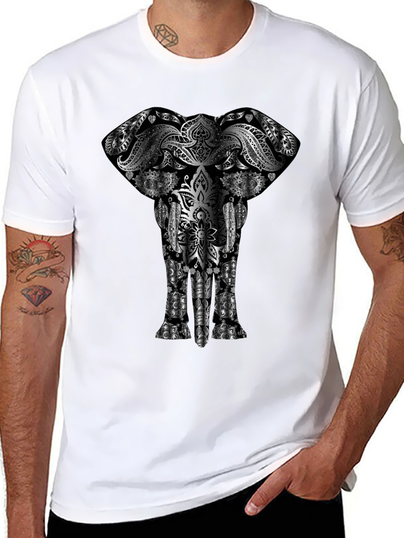 Elephant Mandala Graphic Print Black T-Shirt