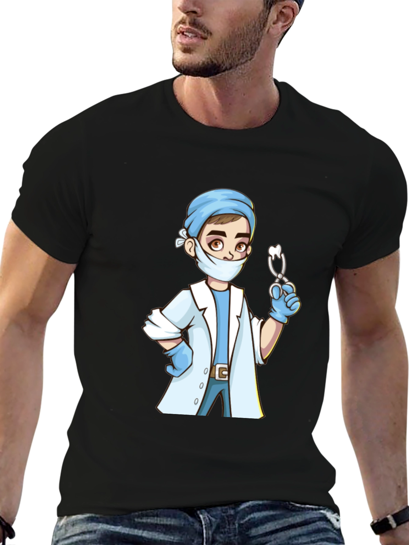 Cartoon Doctor Graphic Print Black T-Shirt