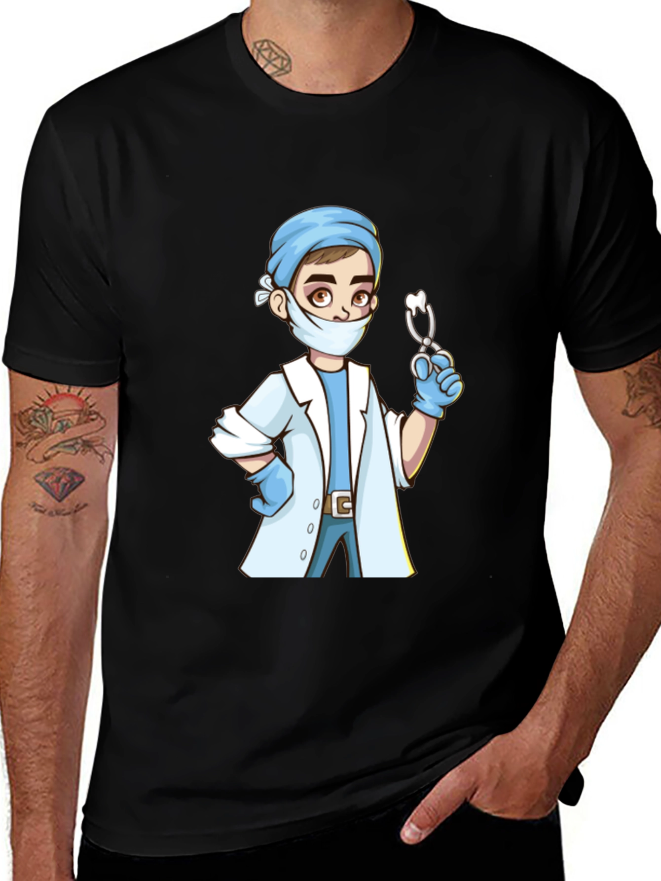 Cartoon Doctor Graphic Print Black T-Shirt