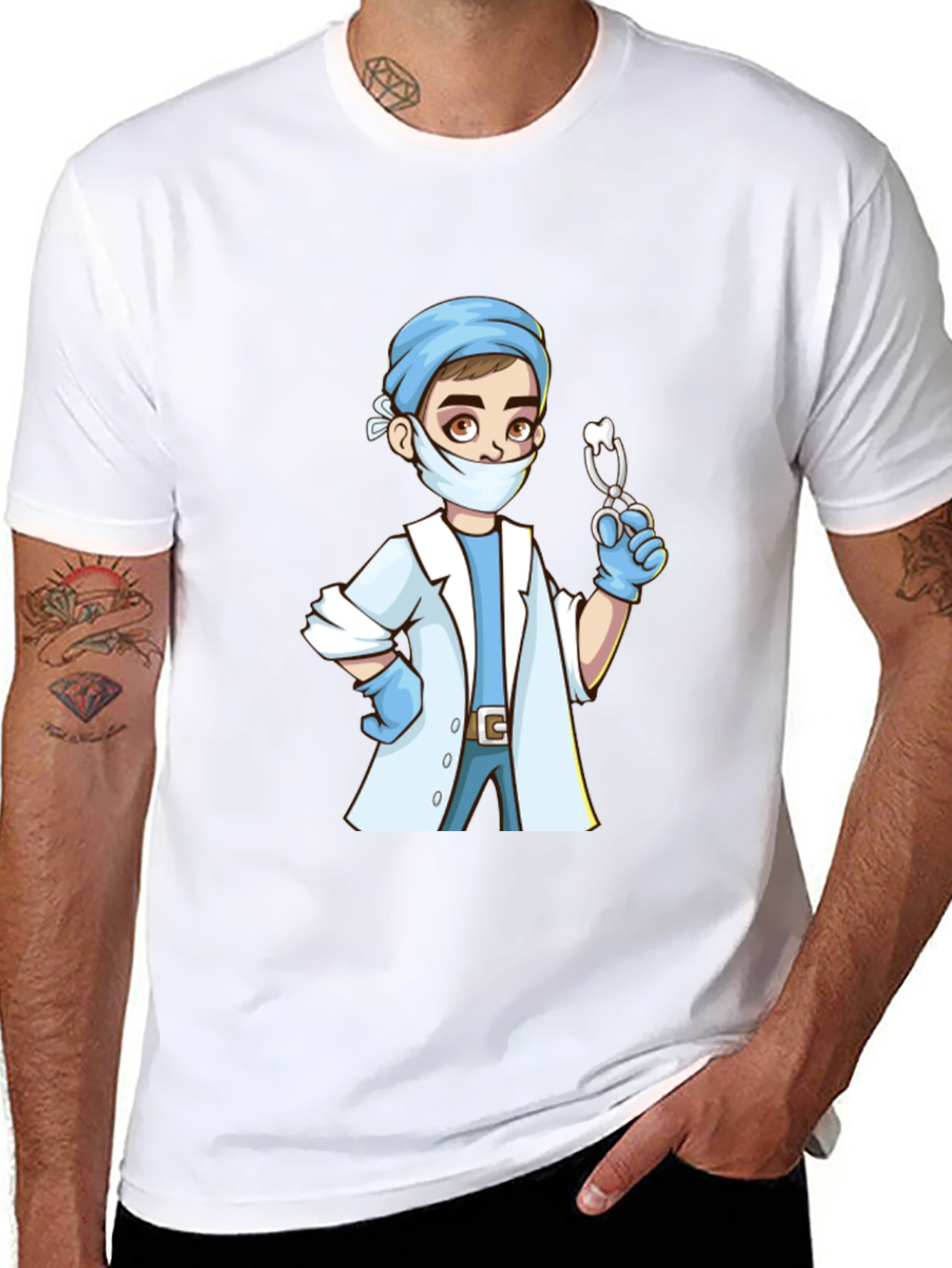 Cartoon Doctor Graphic Print Black T-Shirt