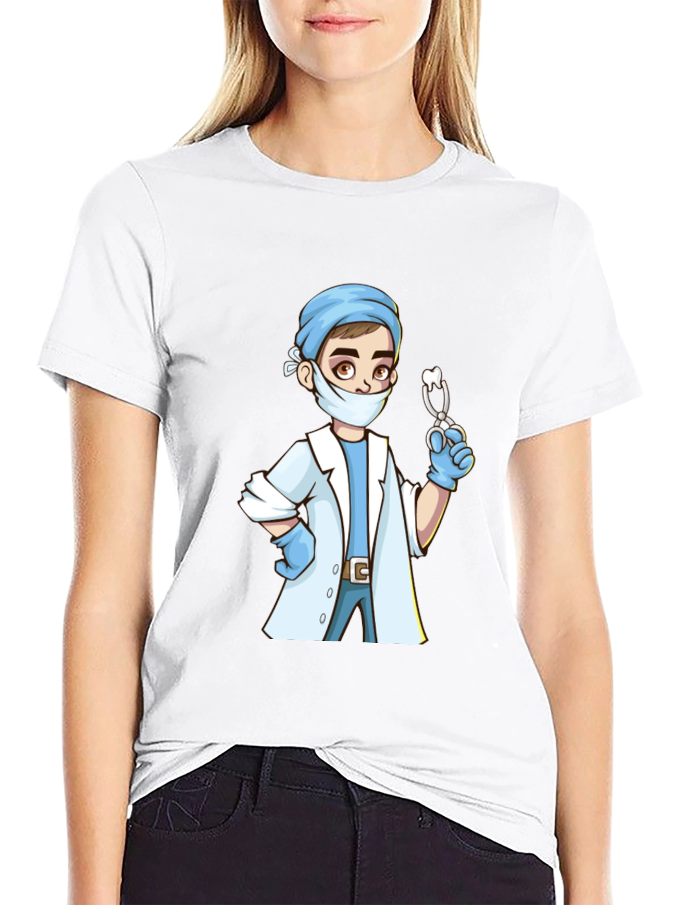 Cartoon Doctor Graphic Print Black T-Shirt