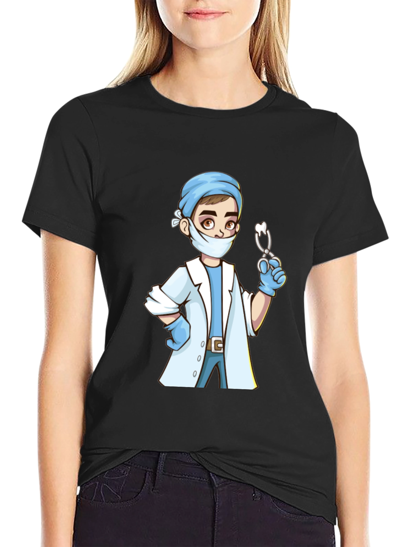 Cartoon Doctor Graphic Print Black T-Shirt