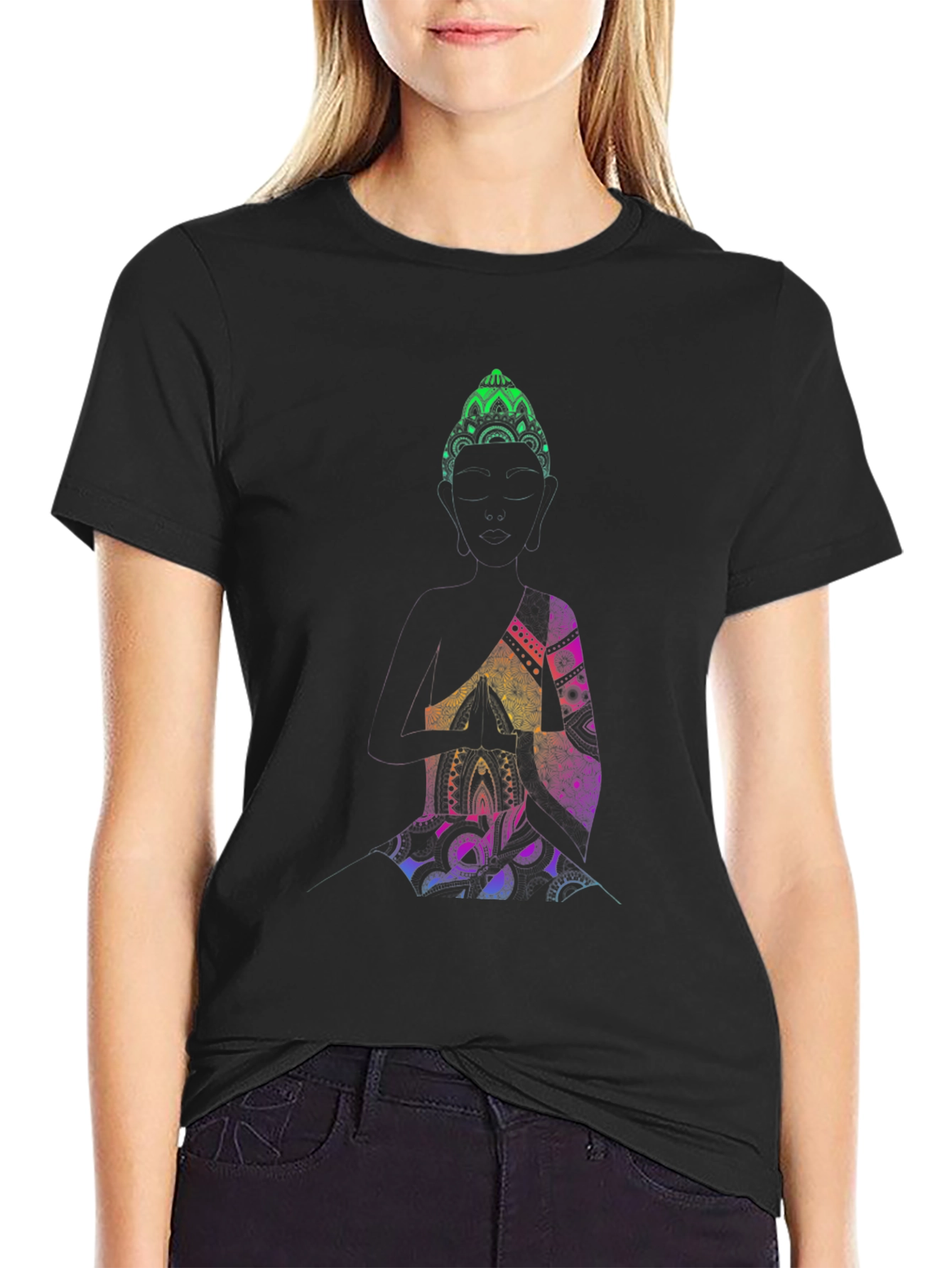 Buddha Mandala Graphic Print Black T-Shirt