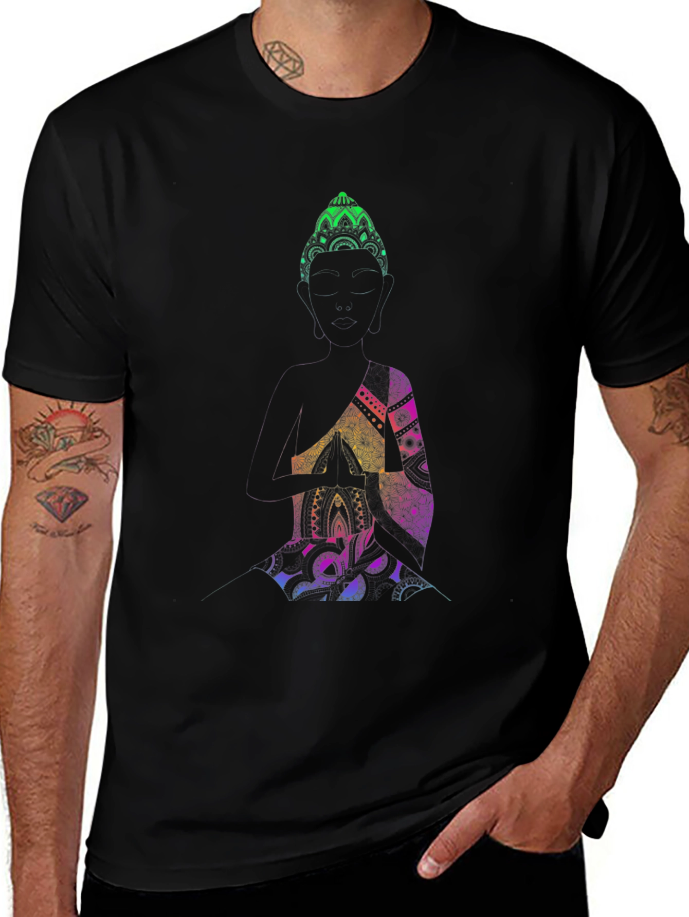 Buddha Mandala Graphic Print Black T-Shirt
