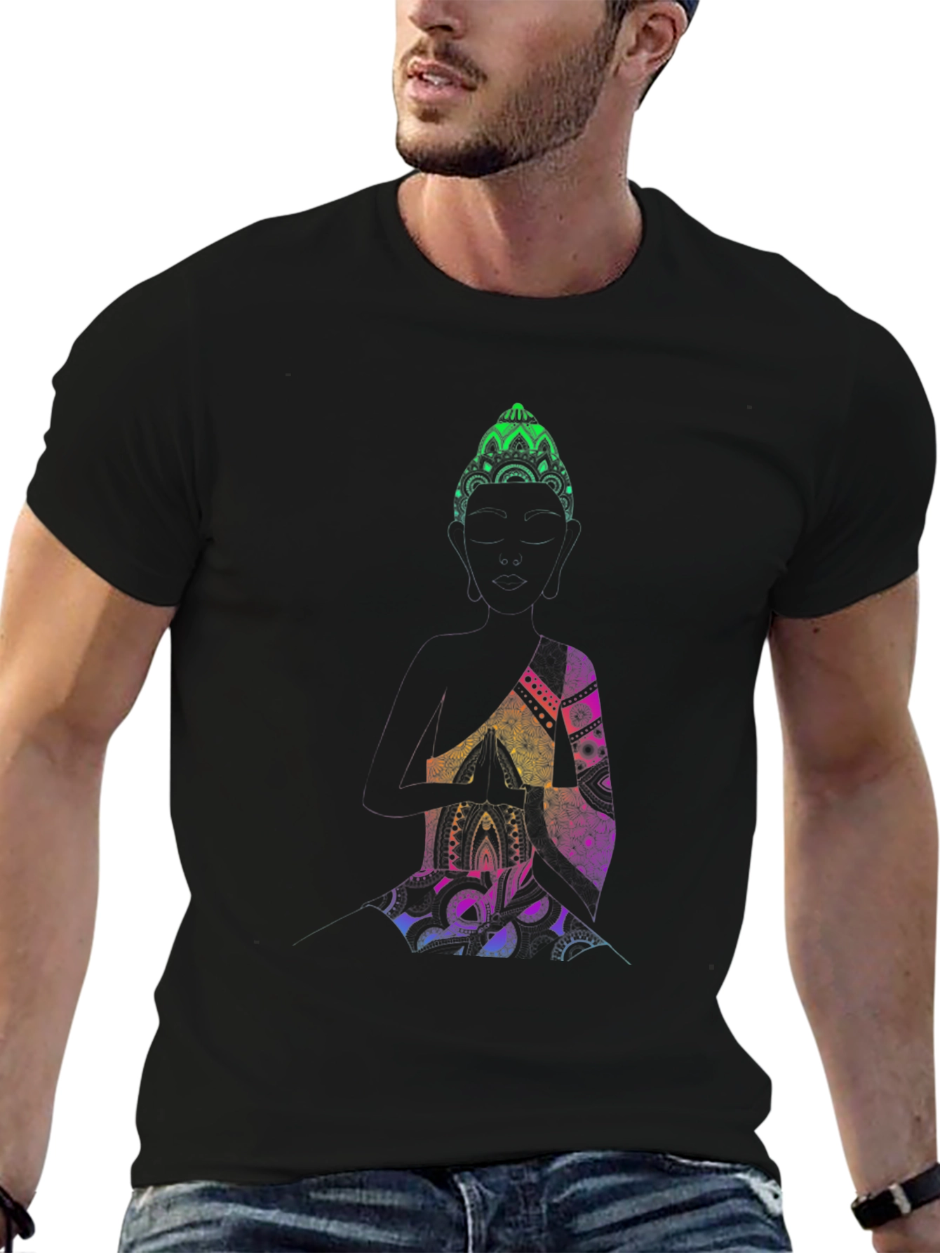 Buddha Mandala Graphic Print Black T-Shirt