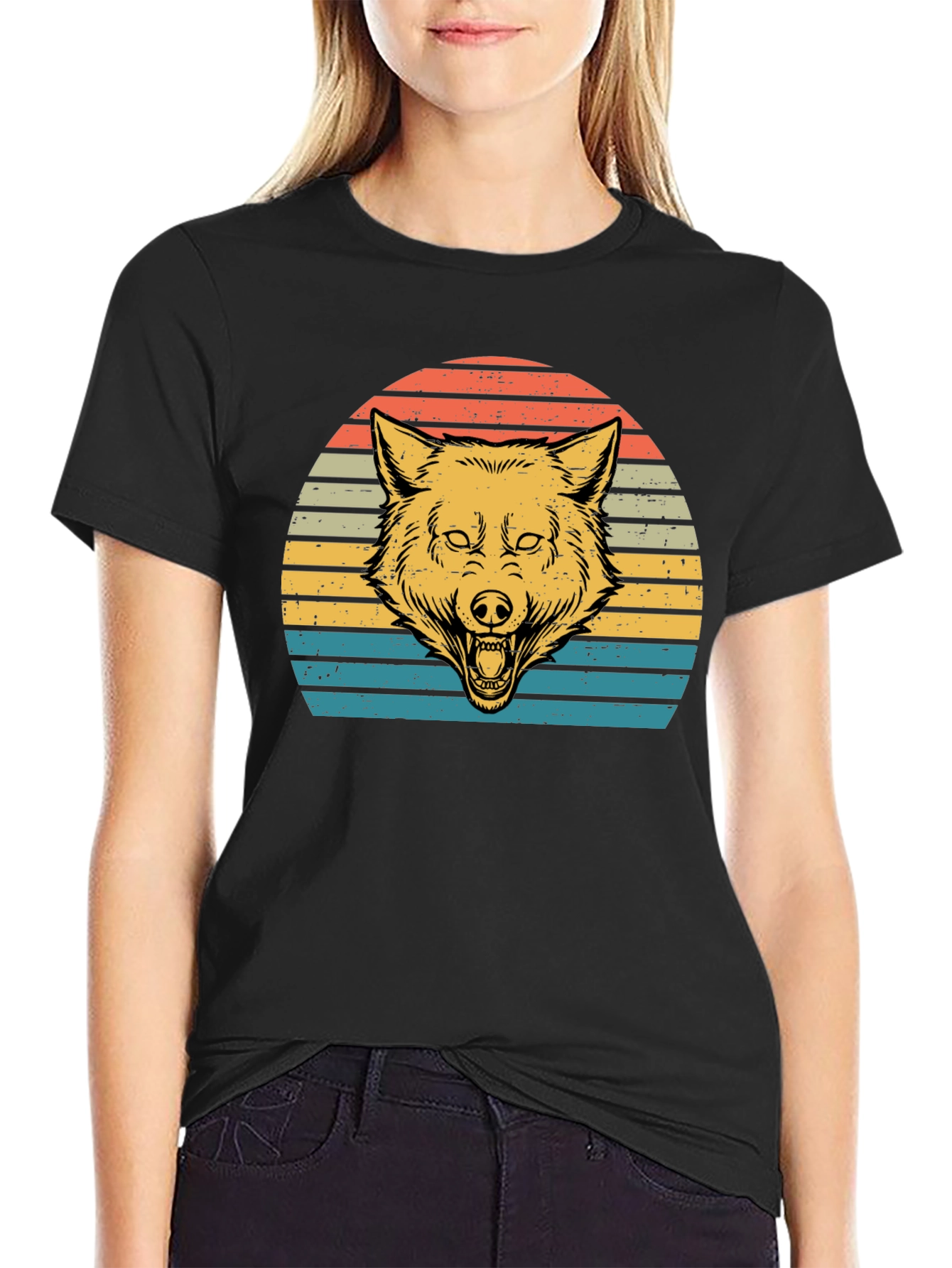 Retro Wolf Sunset Graphic Tee - Black