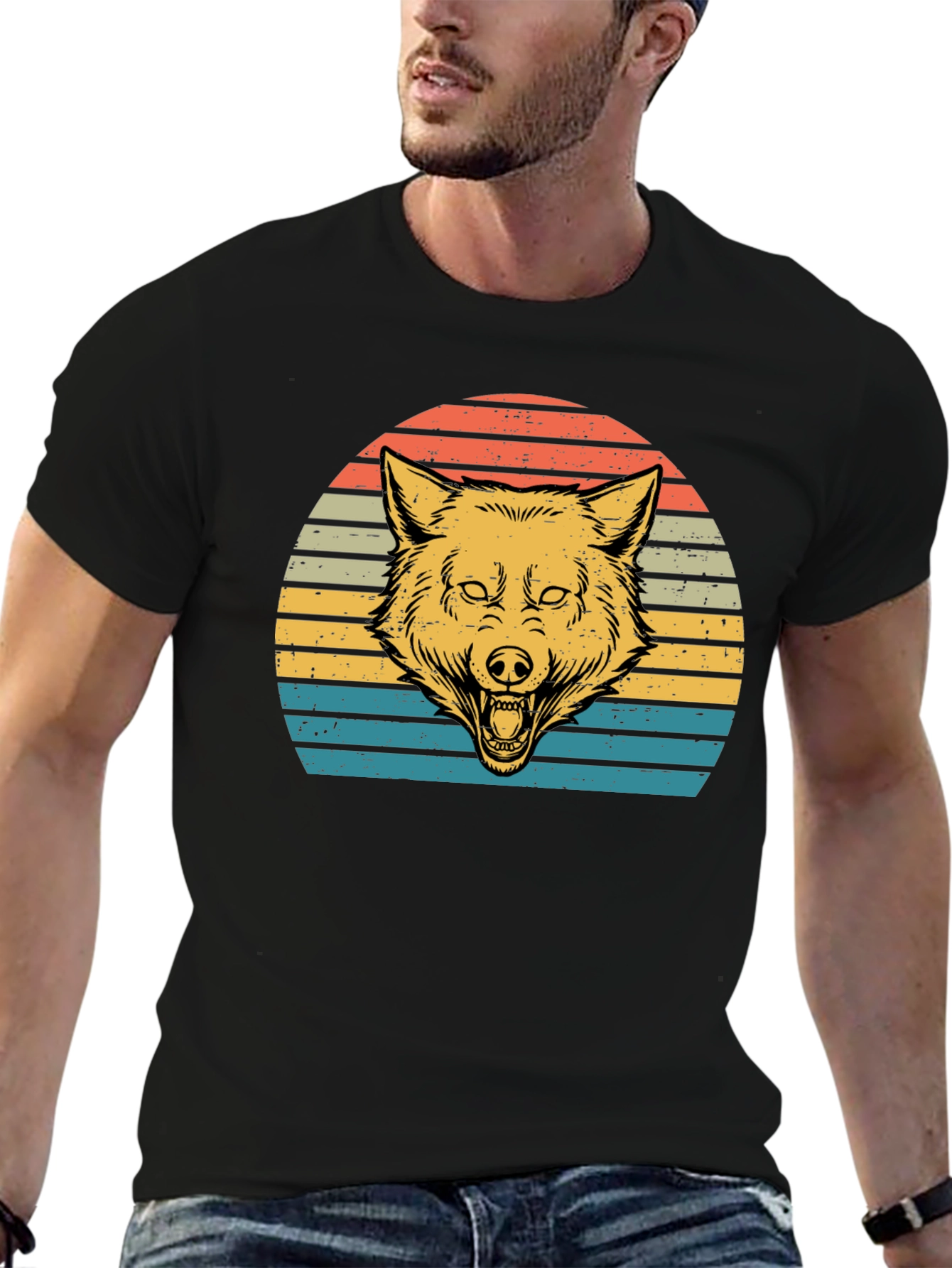 Retro Wolf Sunset Graphic Tee - Black