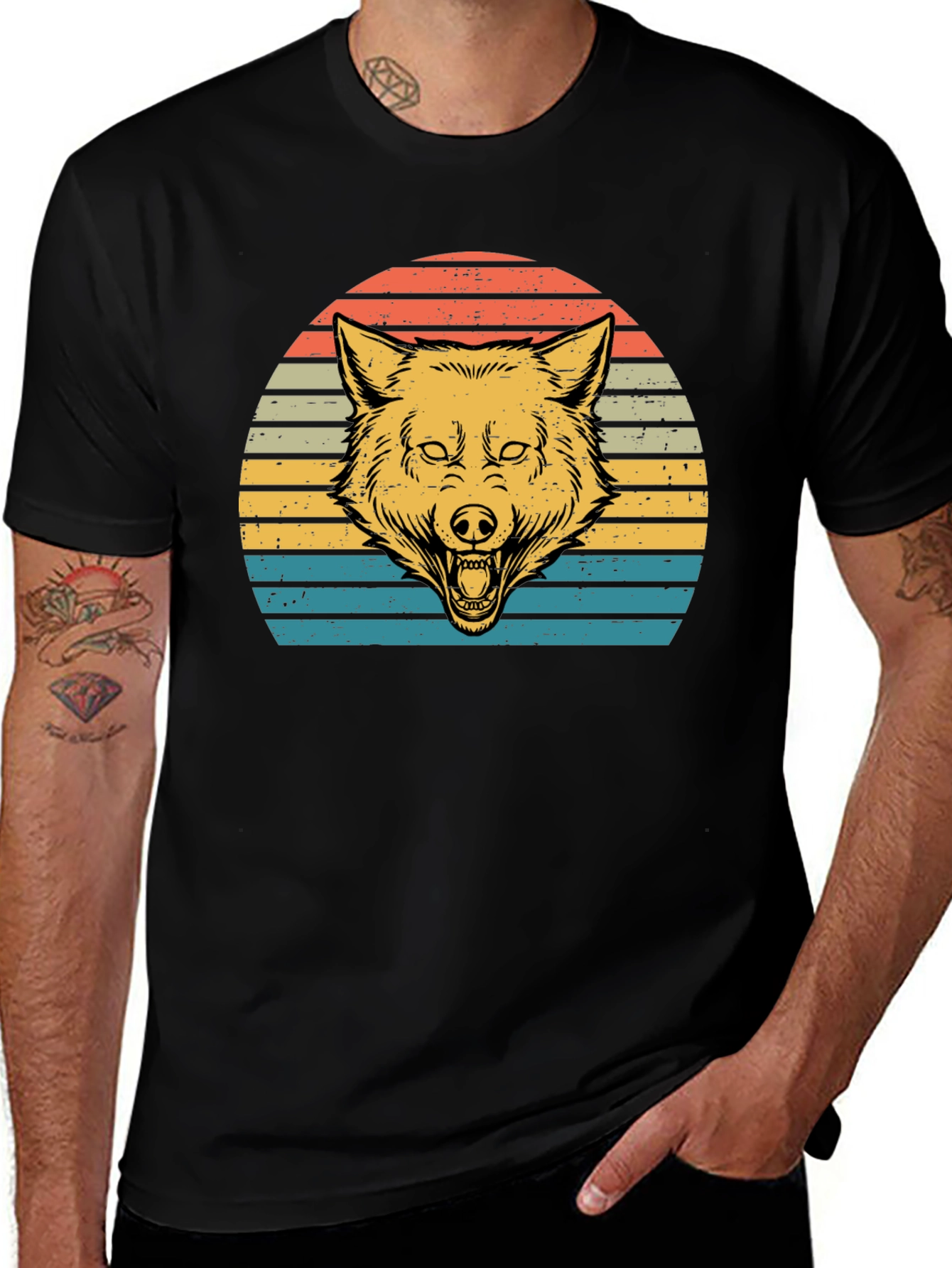 Retro Wolf Sunset Graphic Tee - Black