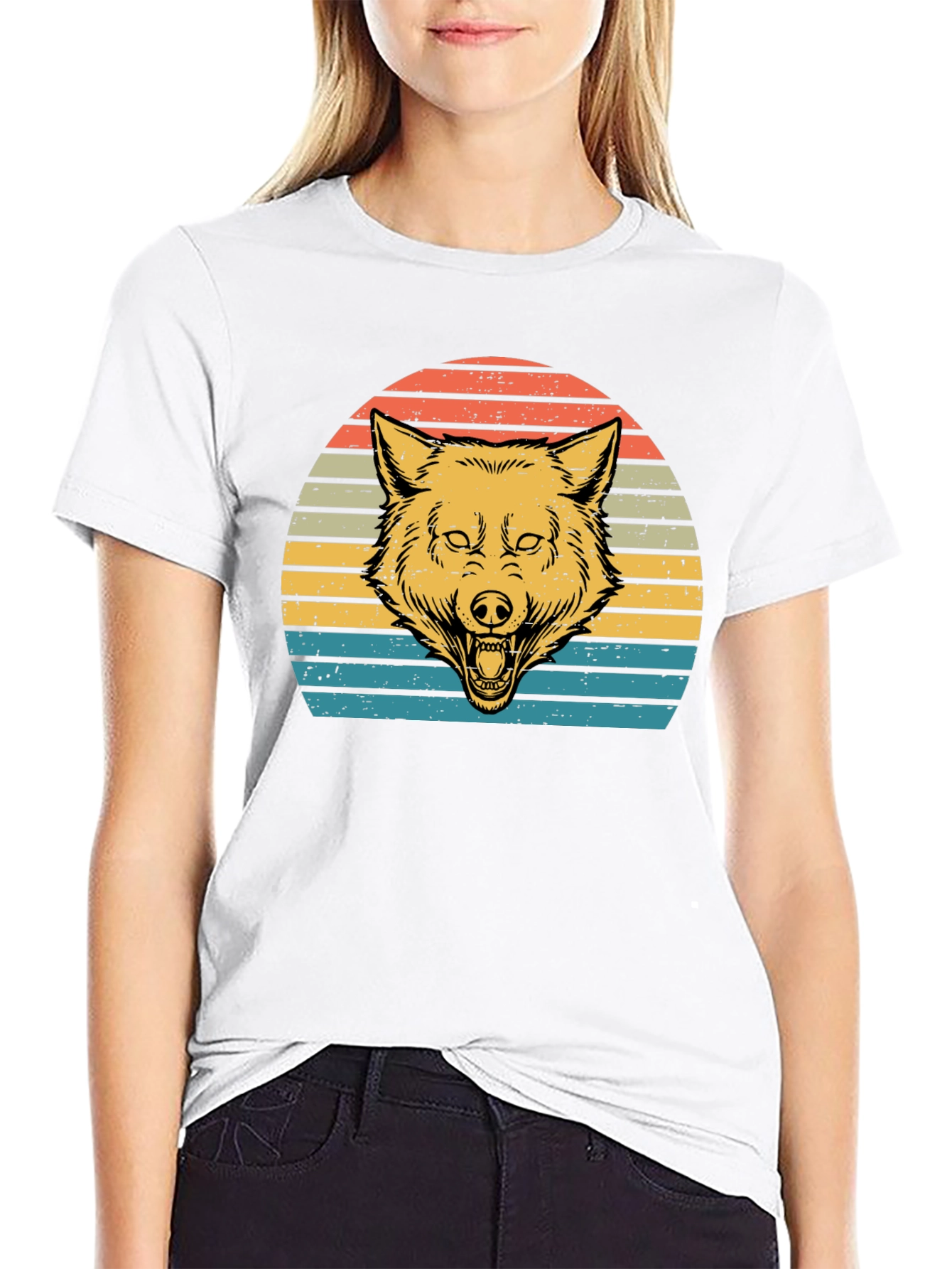 Retro Wolf Sunset Graphic Tee - Black