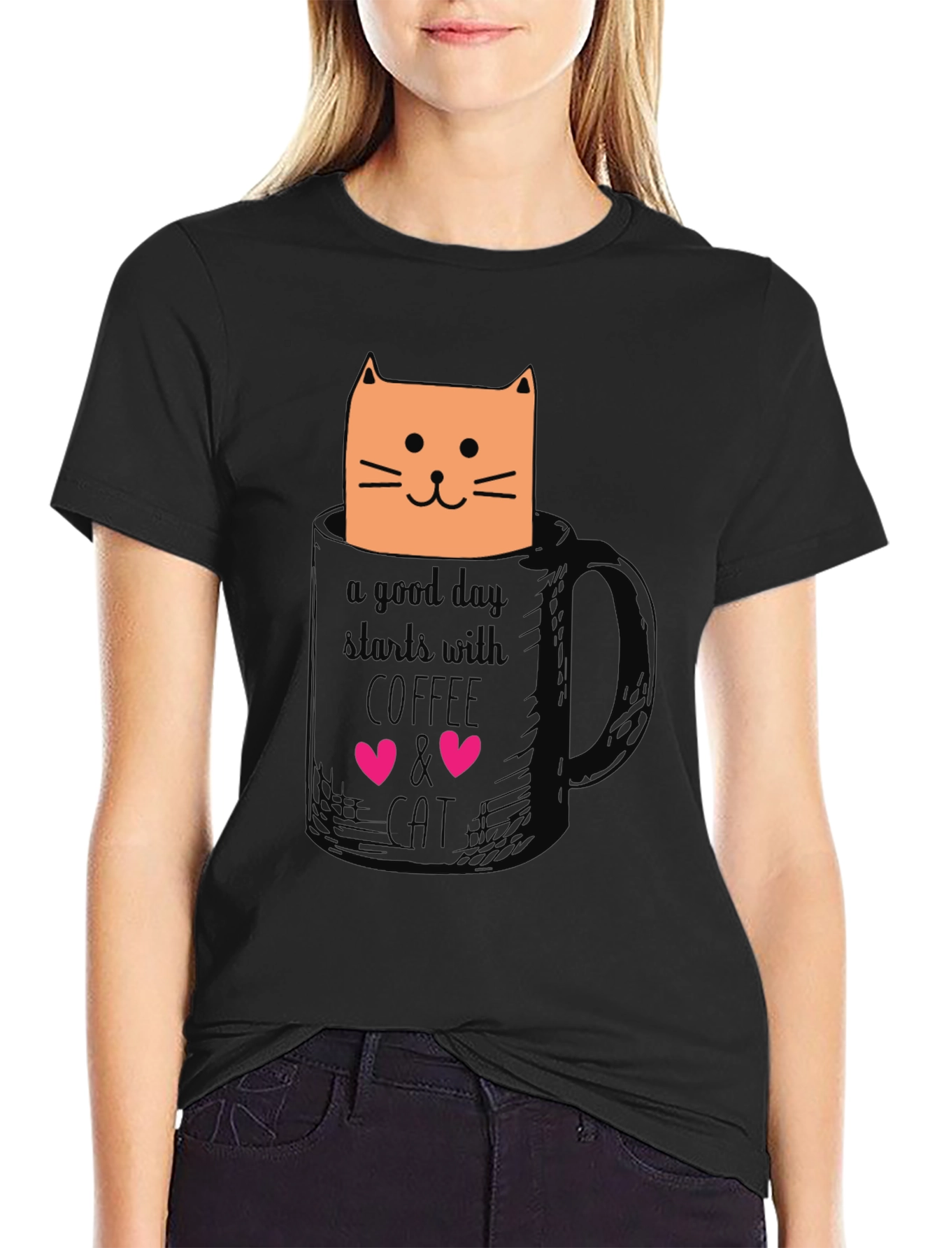 Coffee and Cat Graphic T-Shirt