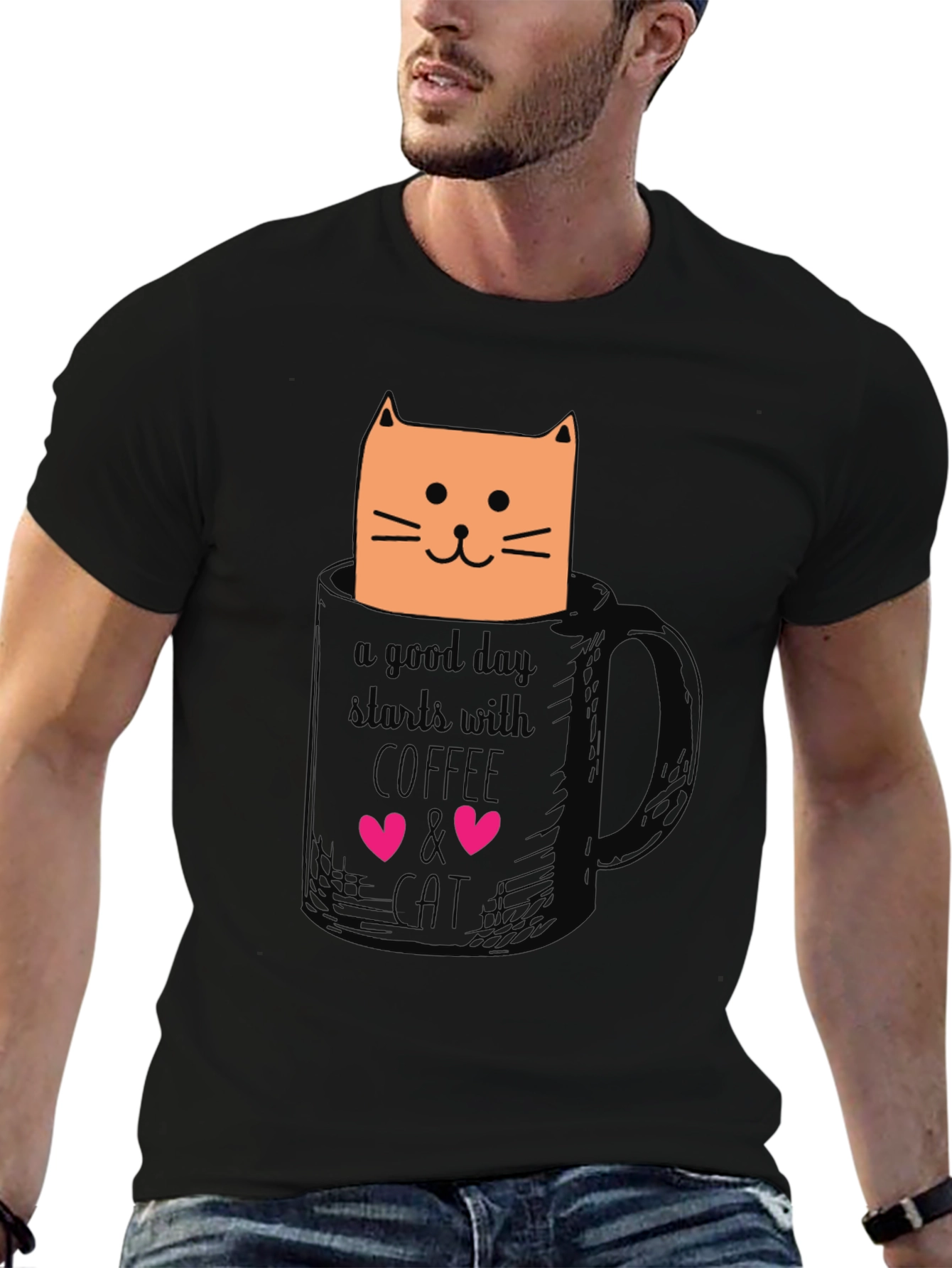 Coffee and Cat Graphic T-Shirt