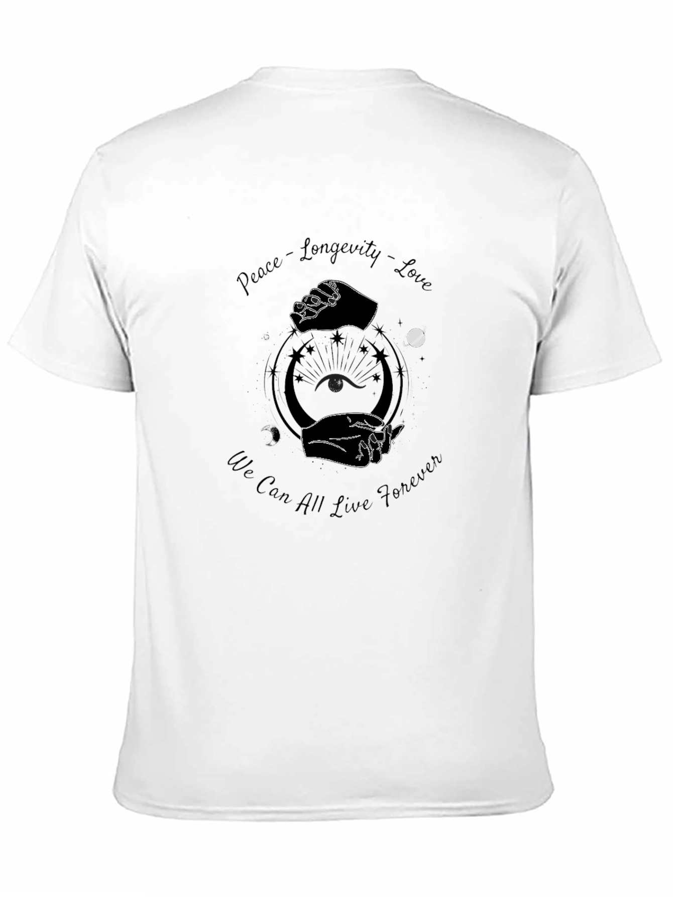 Peace Longevity Love Graphic Black T-Shirt