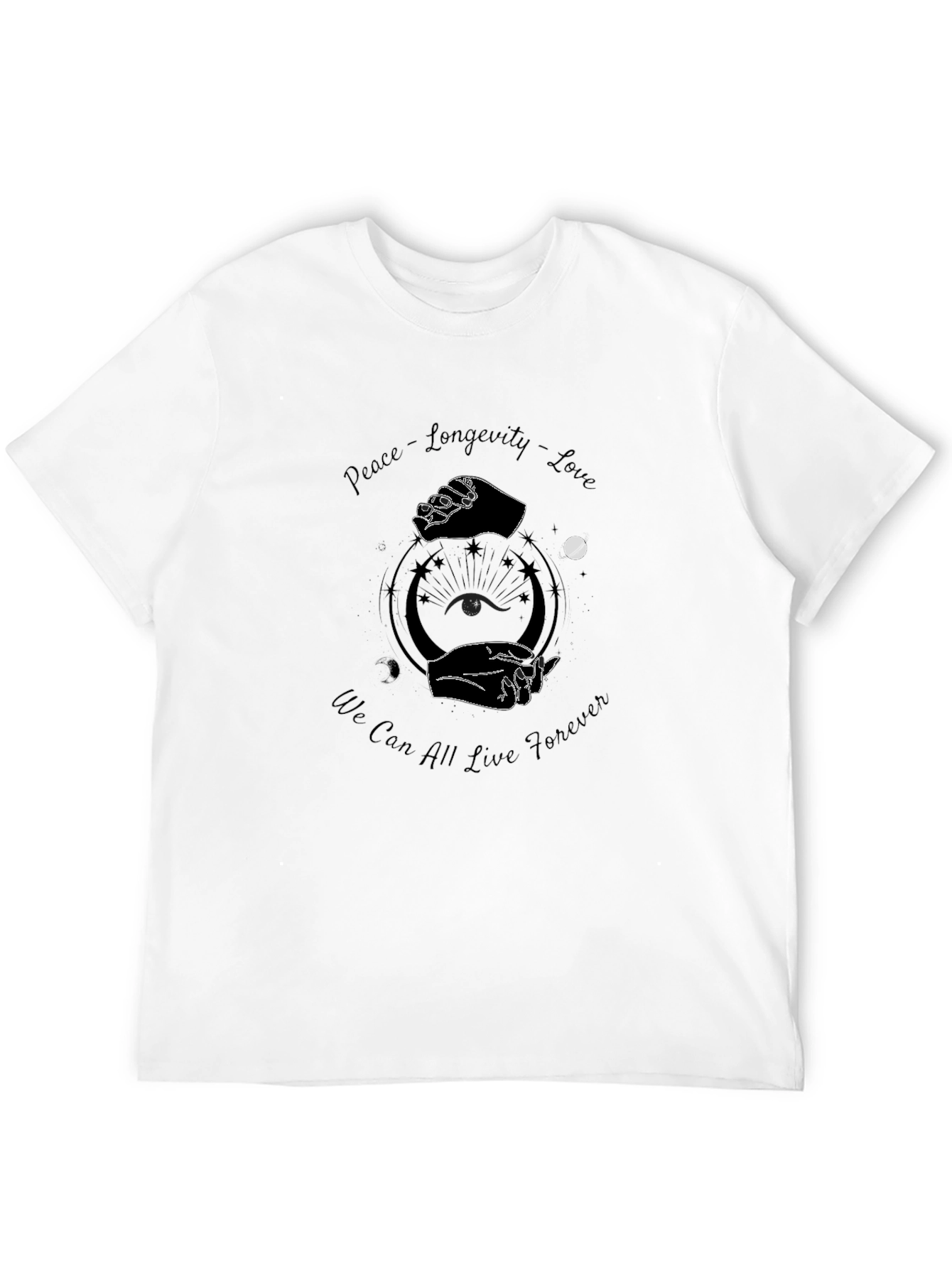 Peace Longevity Love Graphic Black T-Shirt
