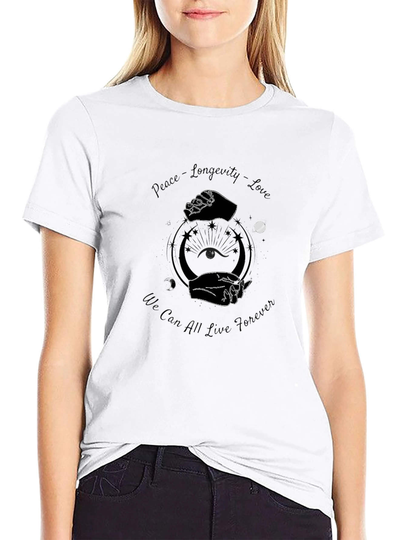 Peace Longevity Love Graphic Black T-Shirt