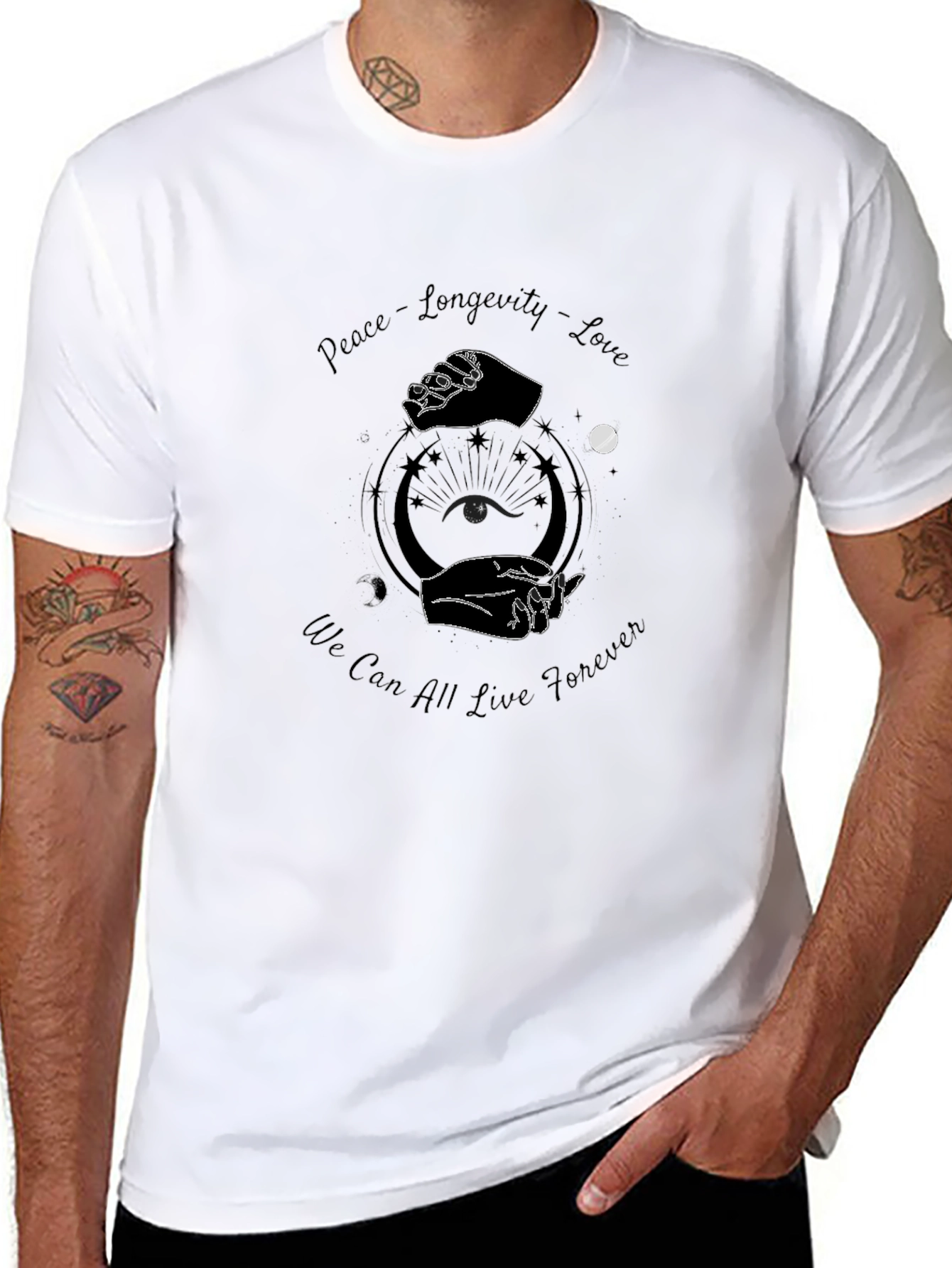 Peace Longevity Love Graphic Black T-Shirt