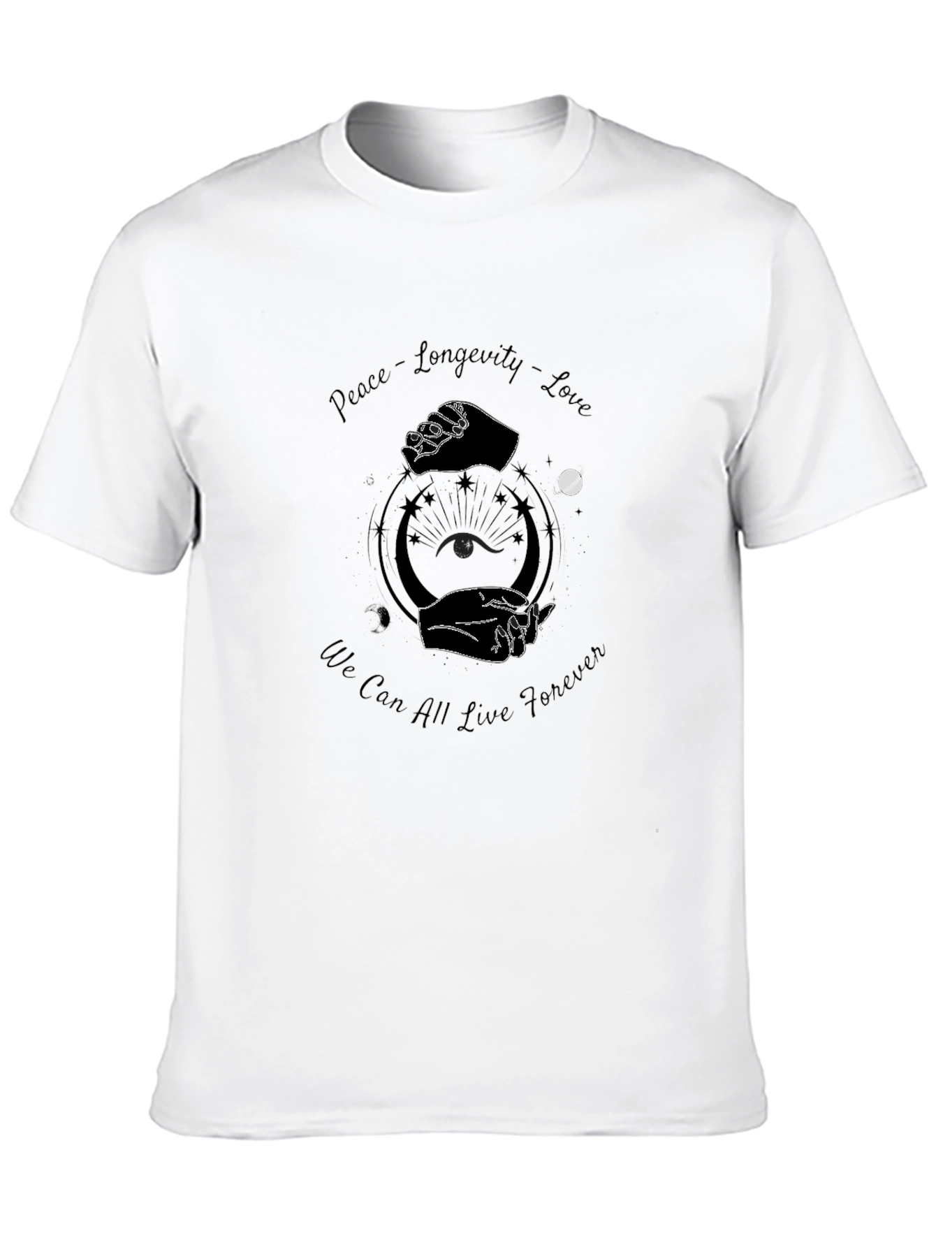 Peace Longevity Love Graphic Black T-Shirt