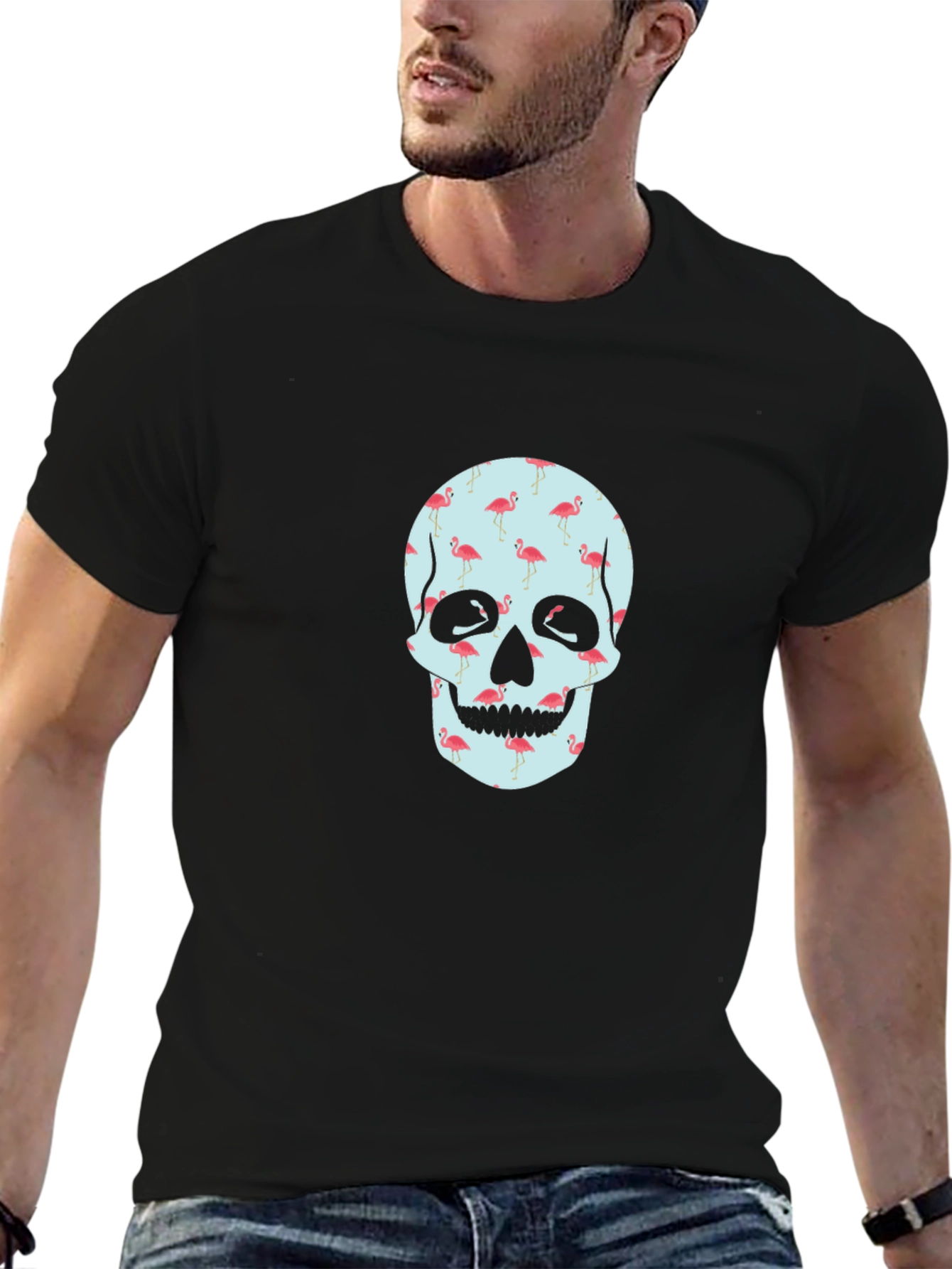 Flamingo Skull Graphic Tee - Black
