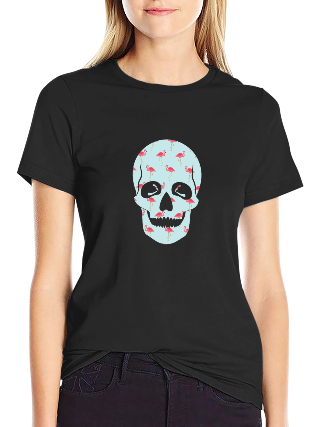 Flamingo Skull Graphic Tee - Black