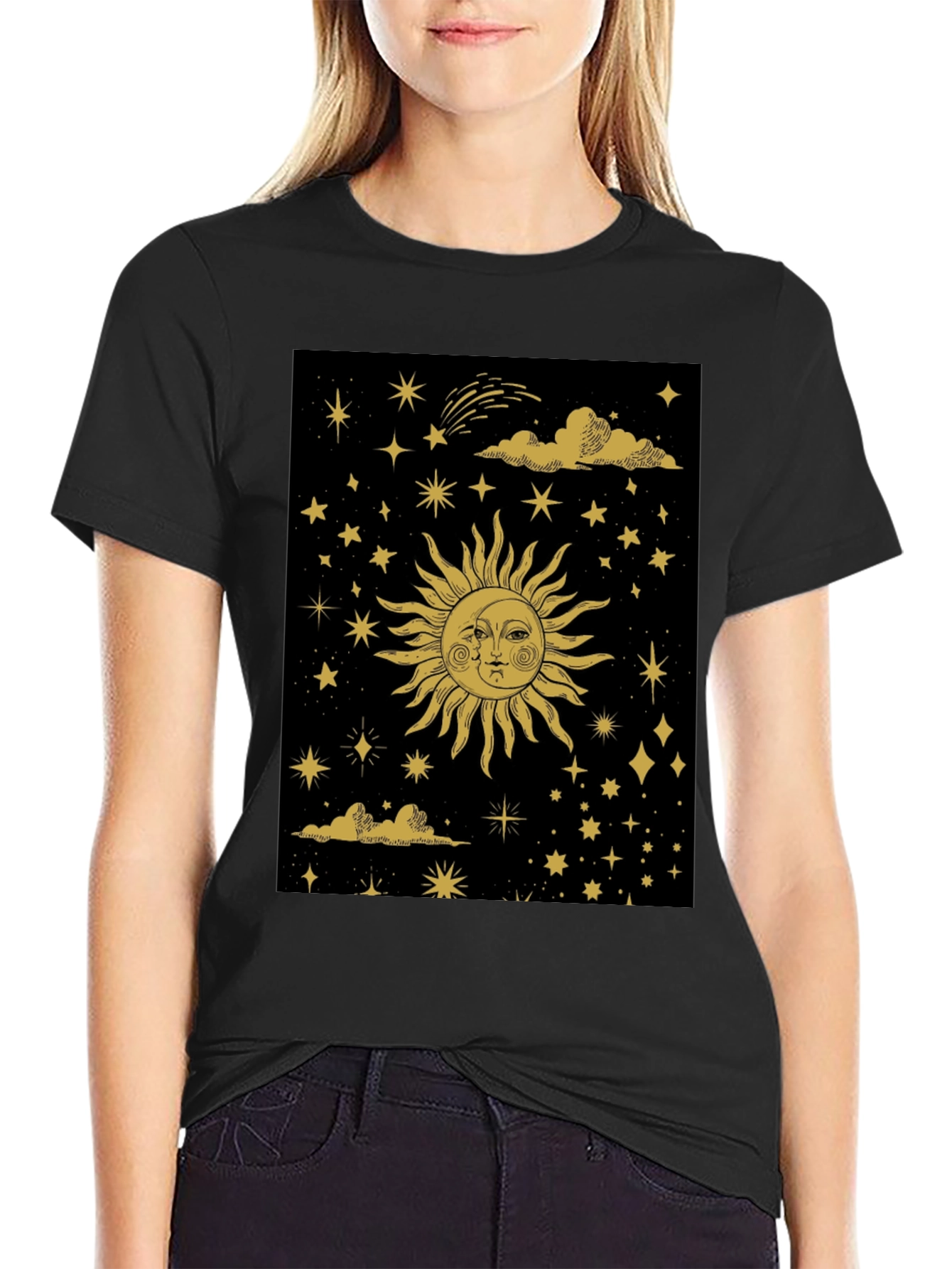 Celestial Sun & Moon Graphic Tee - Black