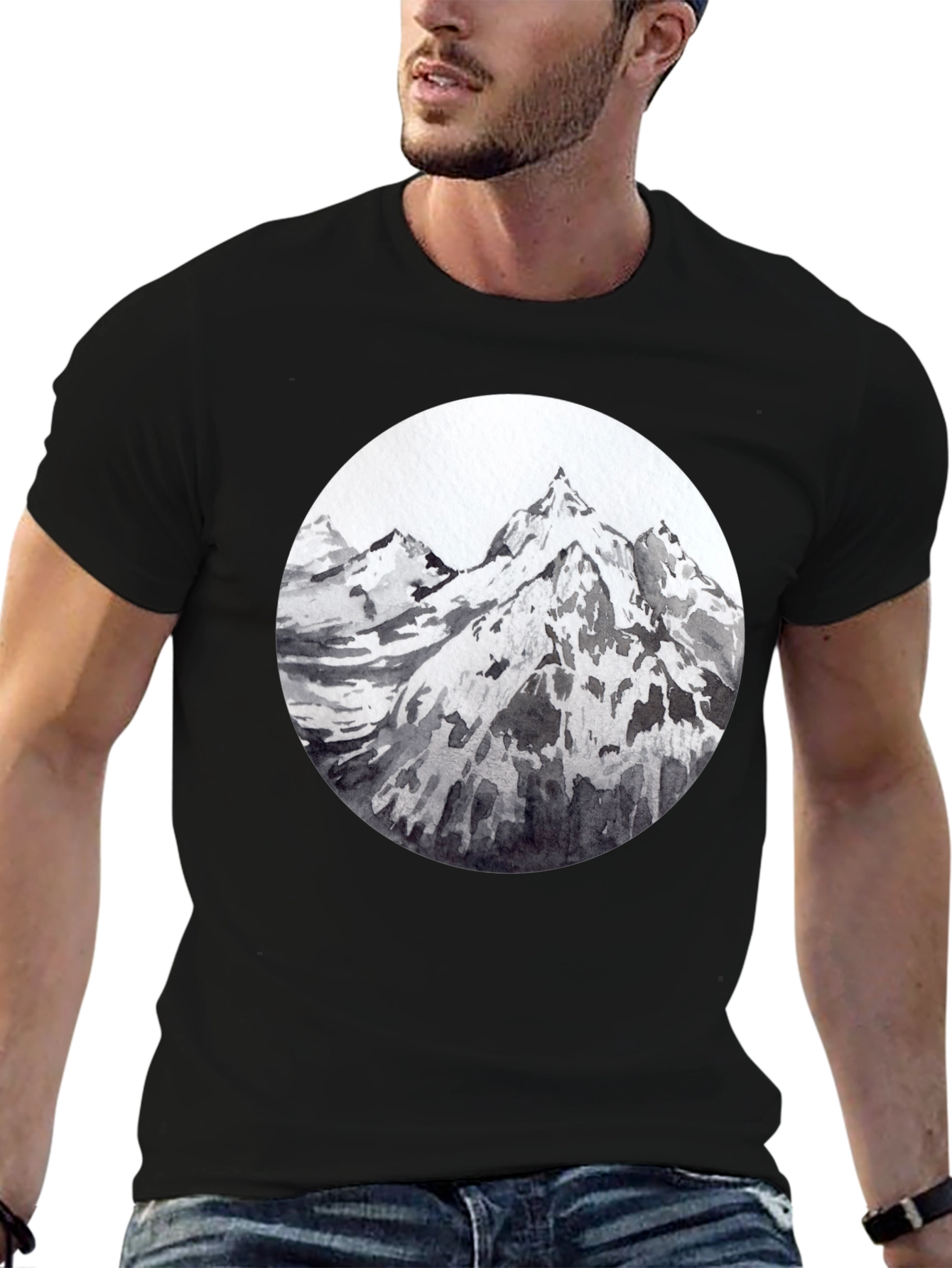 Mountain Peaks Graphic Tee - Black Cotton T-Shirt