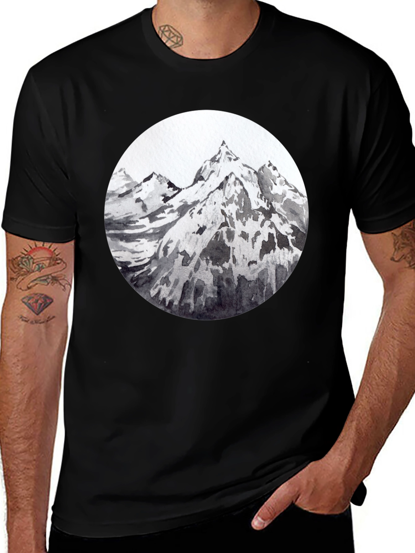 Mountain Peaks Graphic Tee - Black Cotton T-Shirt
