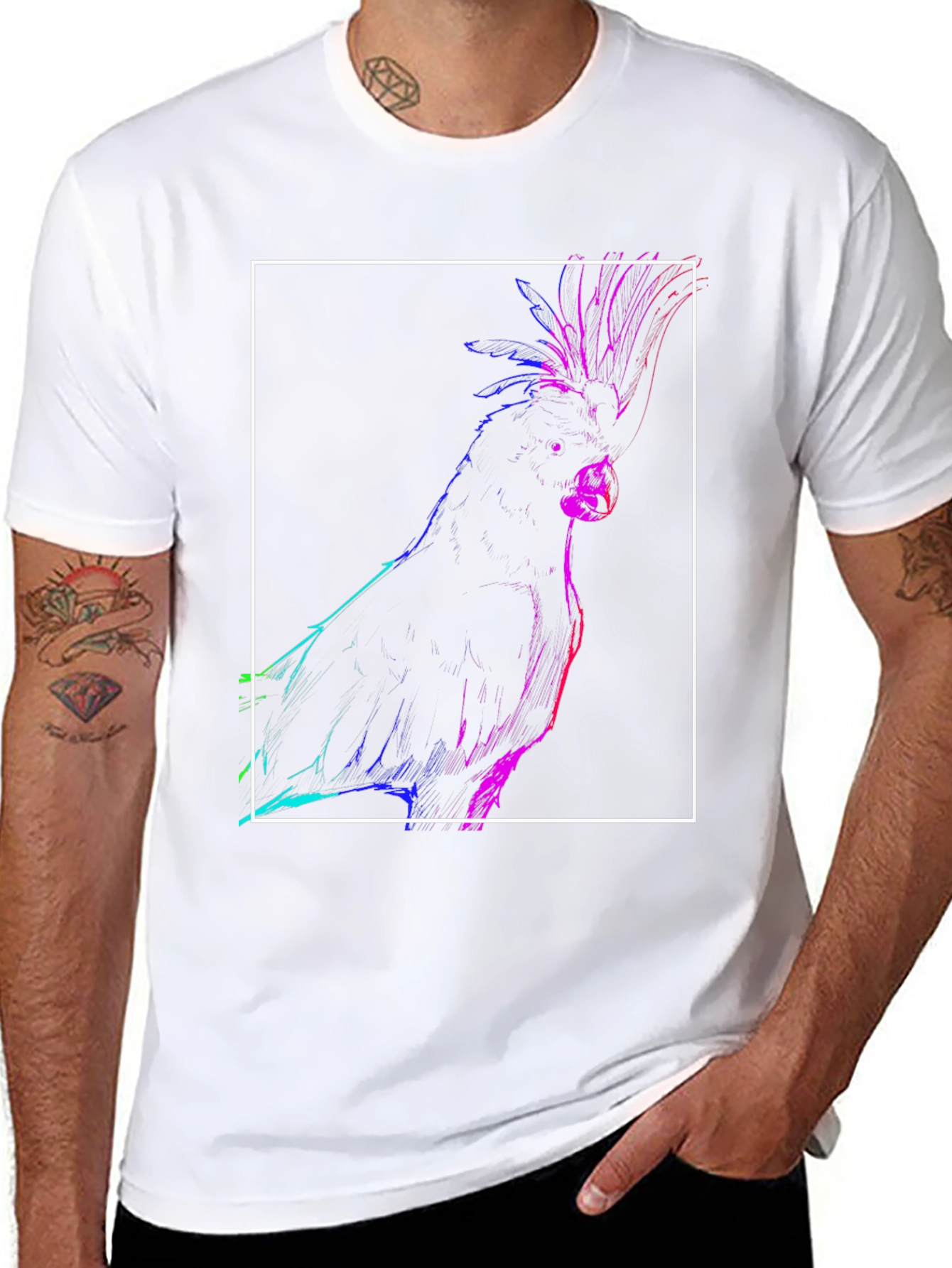 Neon Cockatoo Graphic Tee - Stylish Black T-Shirt