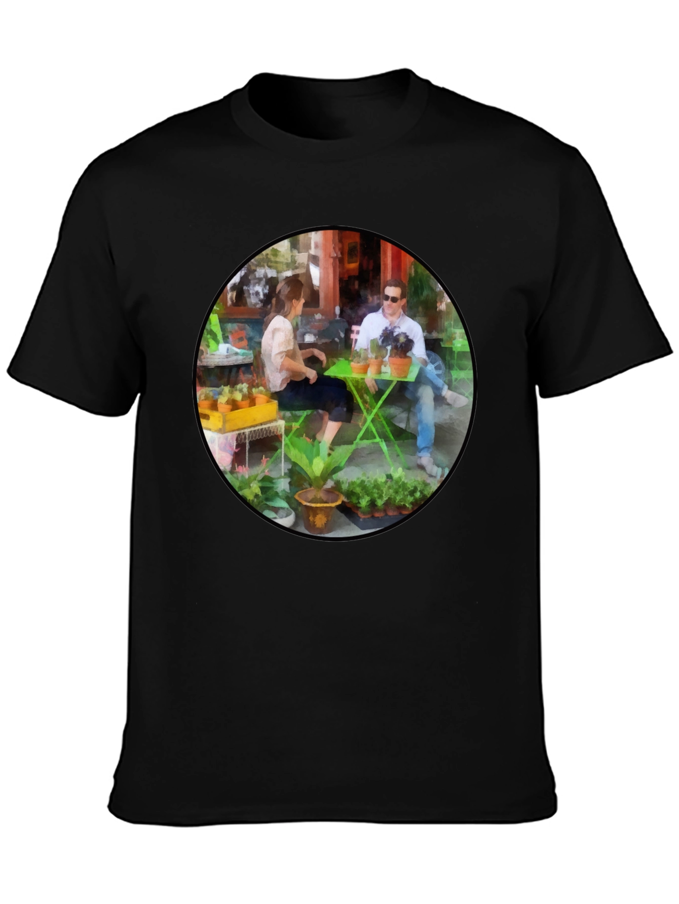 Artistic Cafe Scene Graphic Tee - Unique Design