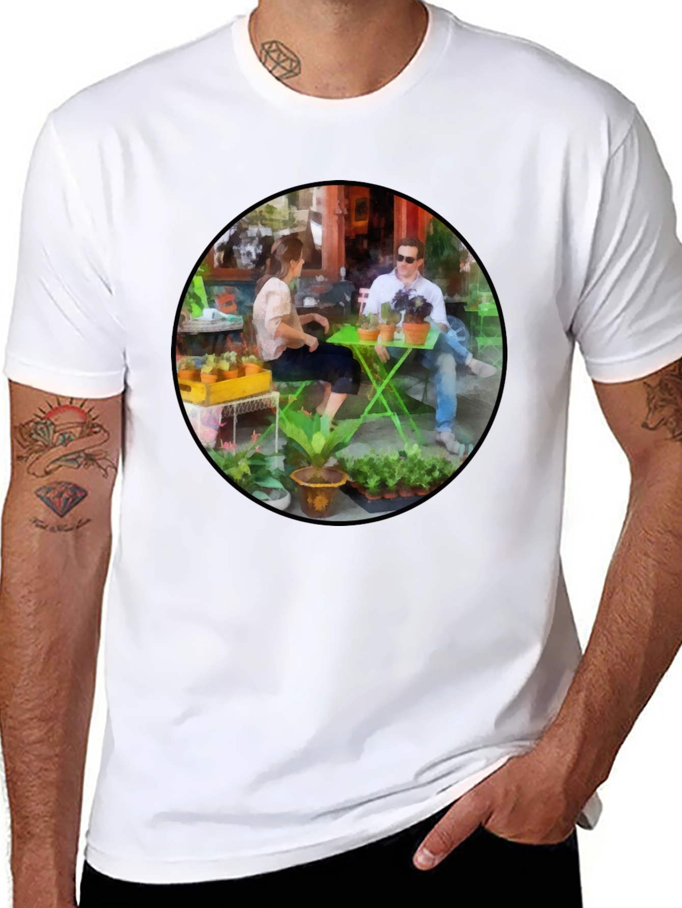Artistic Cafe Scene Graphic Tee - Unique Design