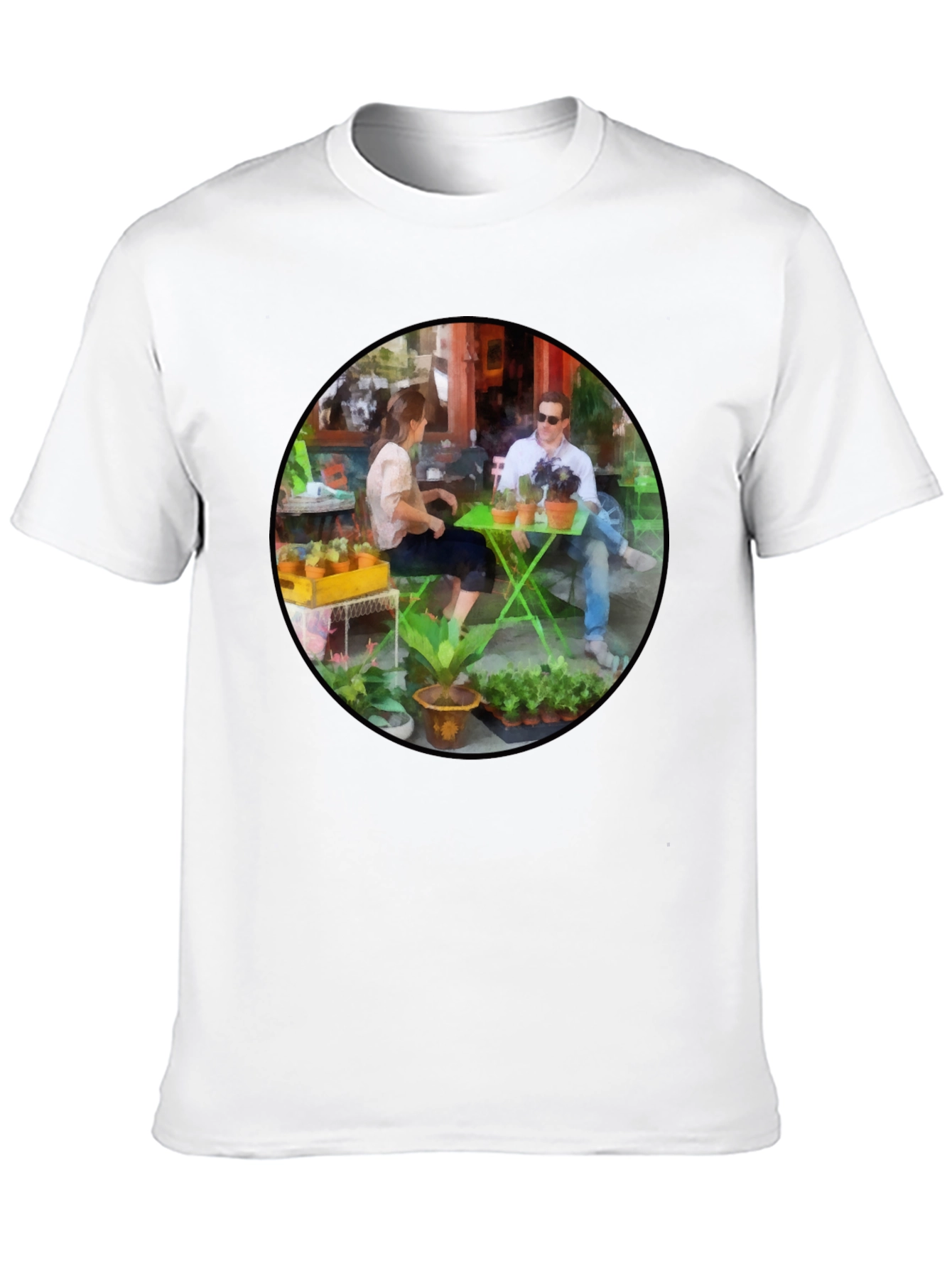 Artistic Cafe Scene Graphic Tee - Unique Design