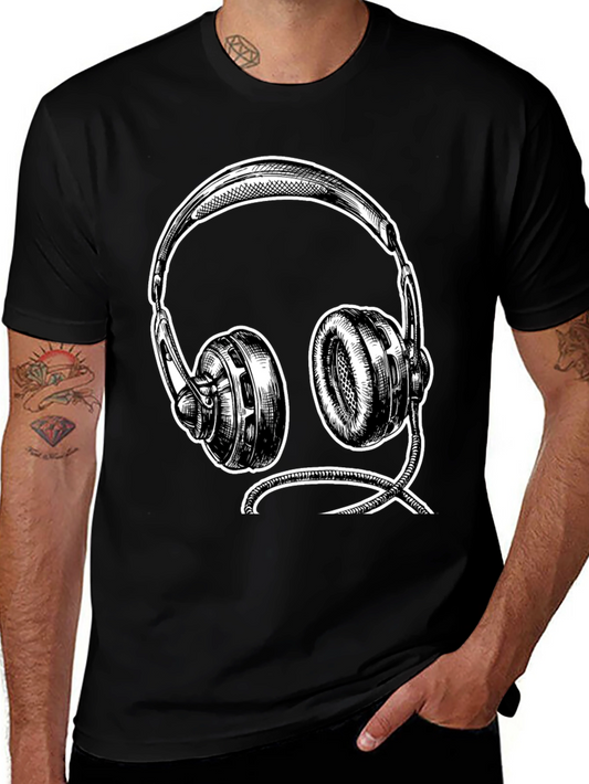 Black Graphic Tee - Headphone Sketch Design