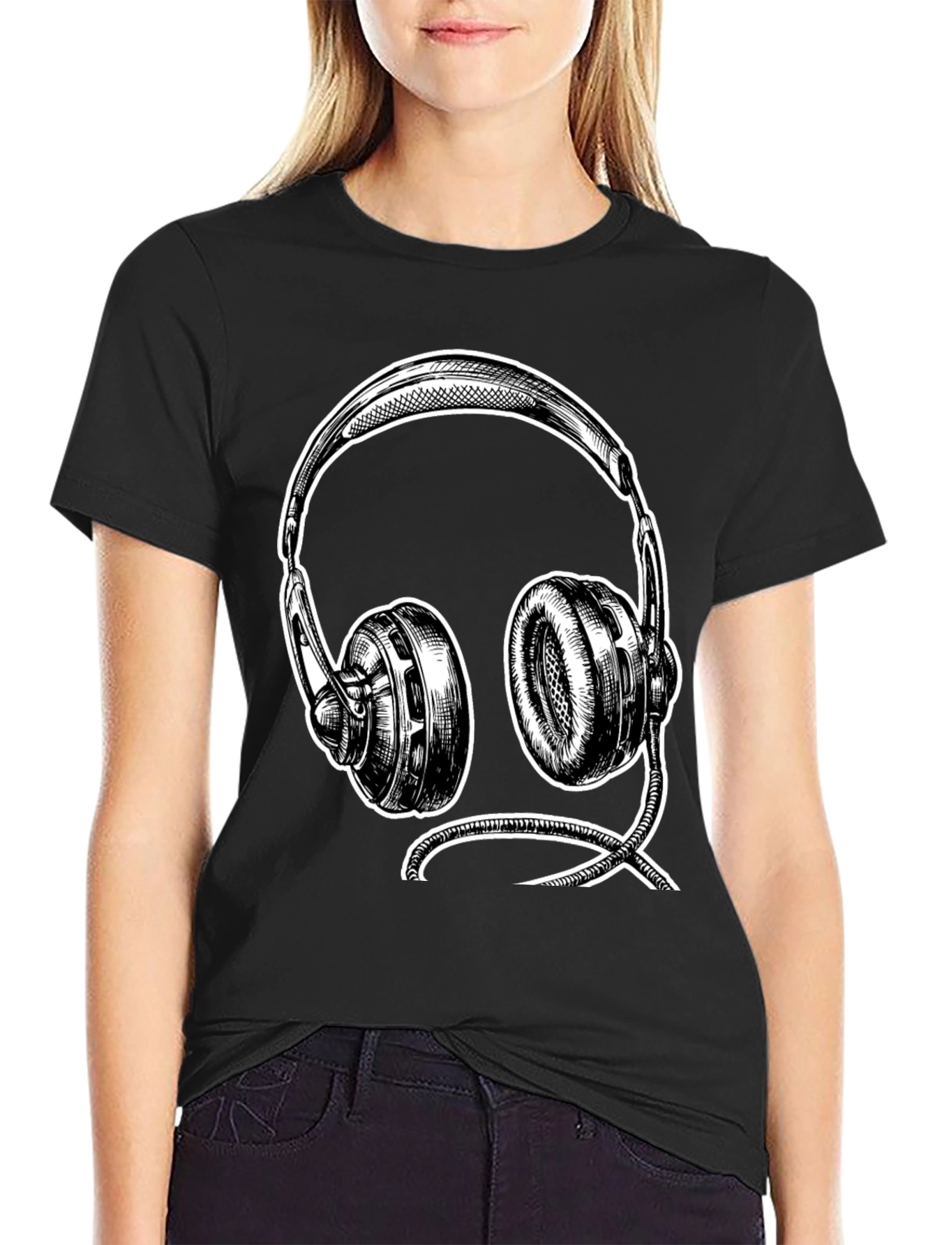 Black Graphic Tee - Headphone Sketch Design