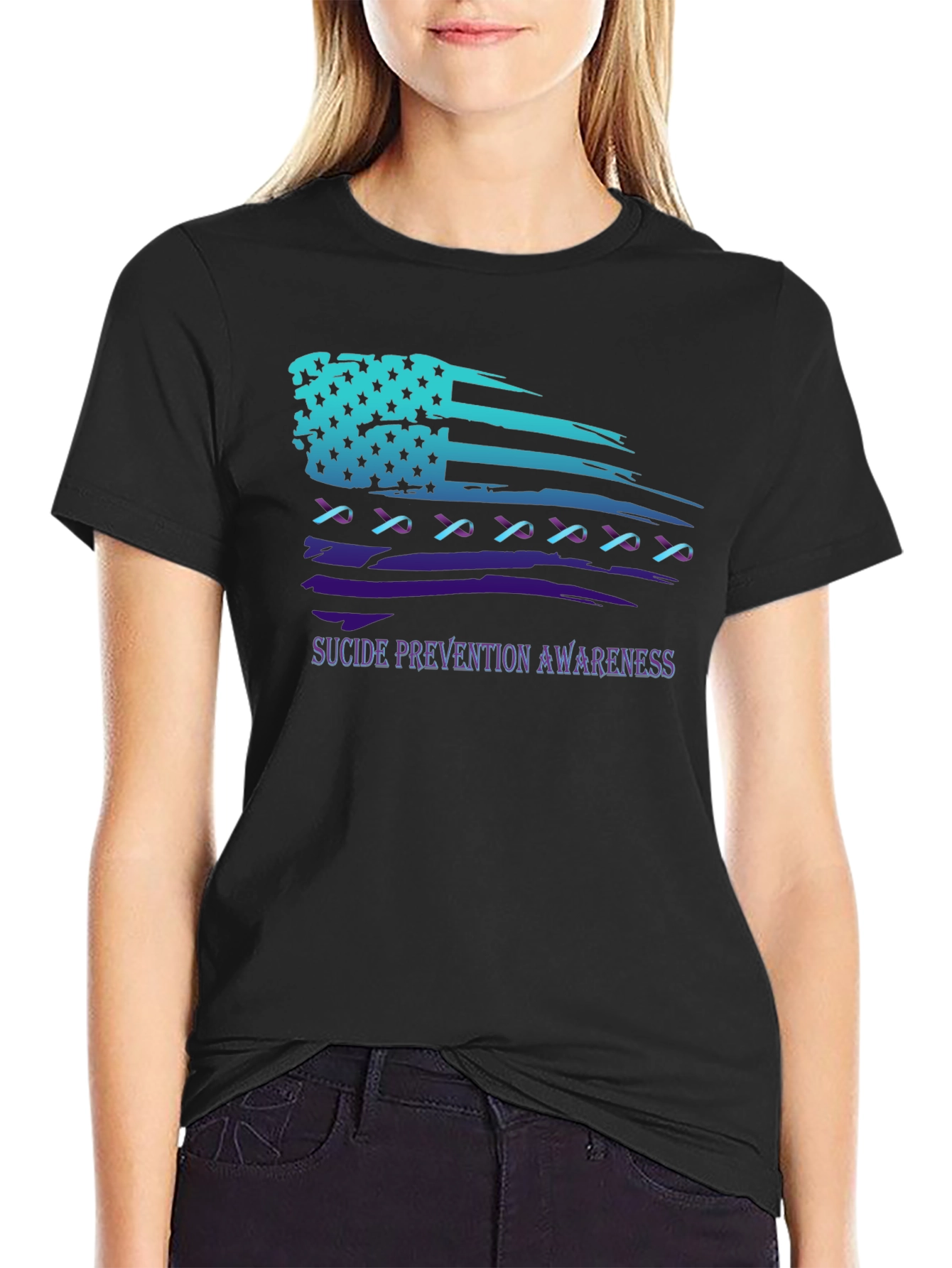 Suicide Prevention Awareness Ribbon American Flag T-Shirt