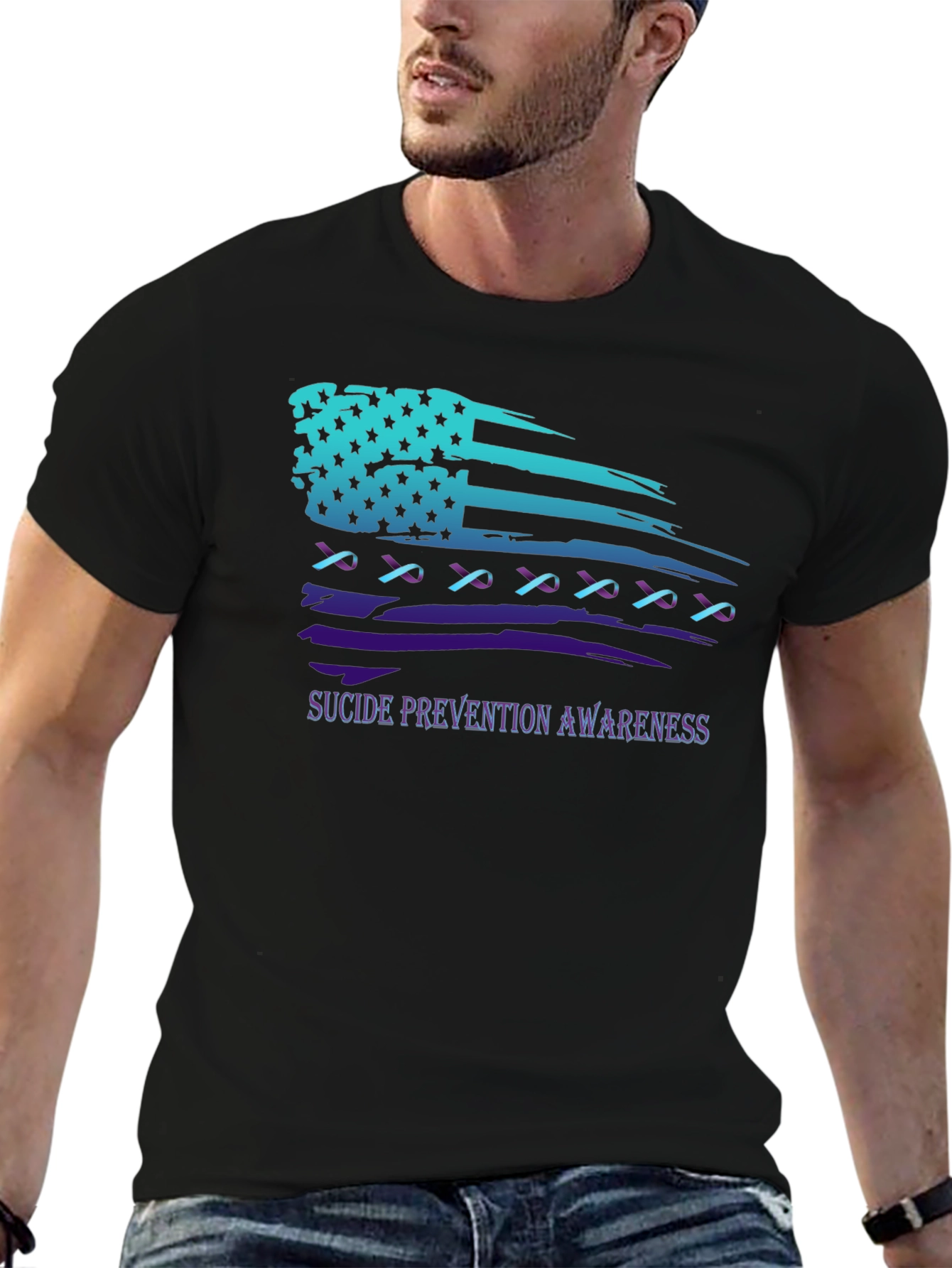 Suicide Prevention Awareness Ribbon American Flag T-Shirt
