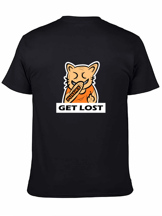 Black T-Shirt with Cartoon Cat Graphic