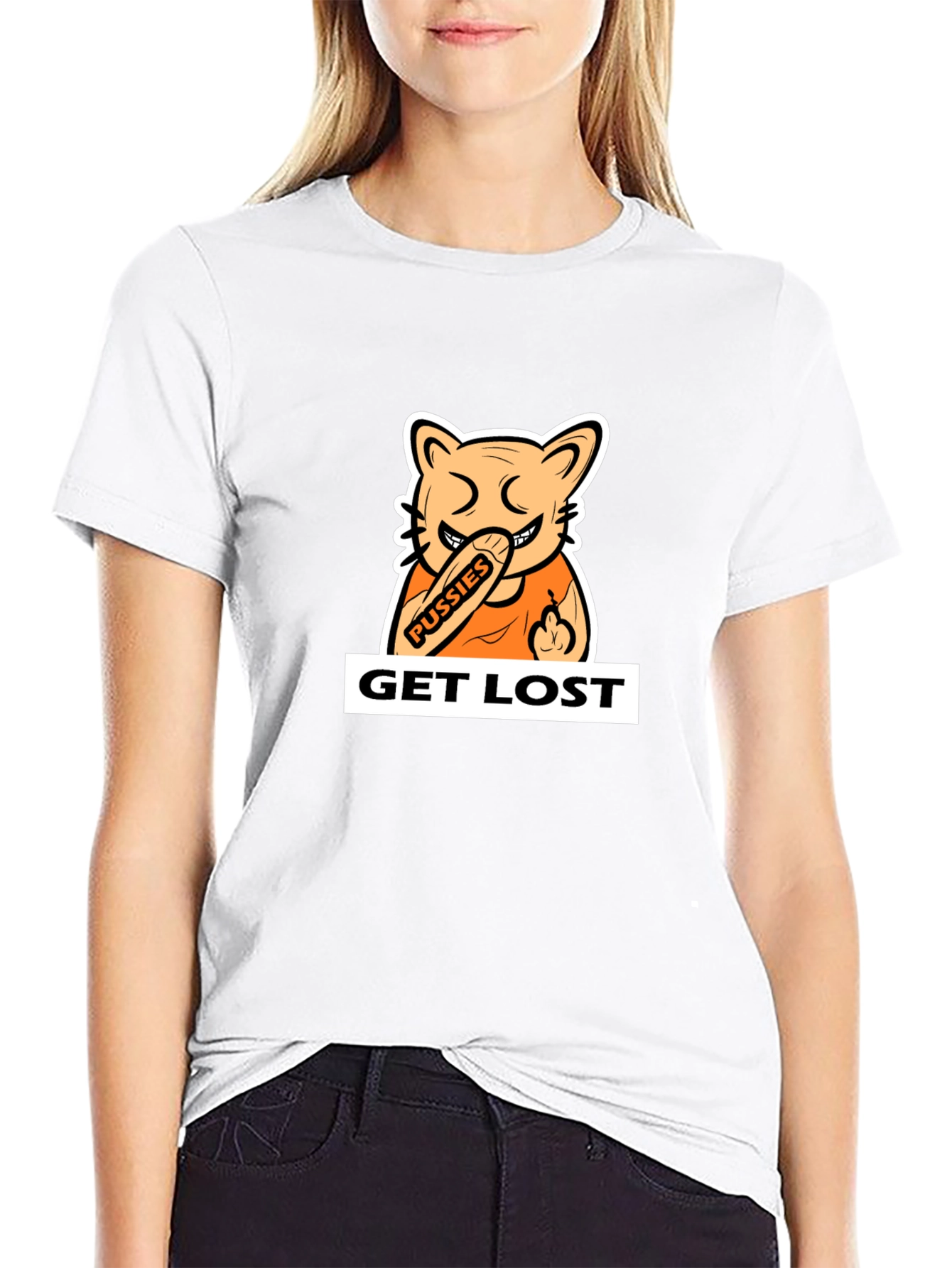 Black T-Shirt with Cartoon Cat Graphic