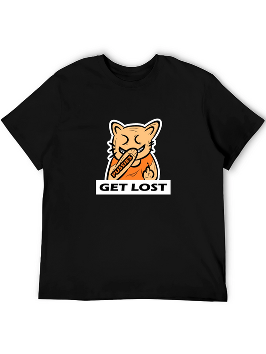 Black T-Shirt with Cartoon Cat Graphic