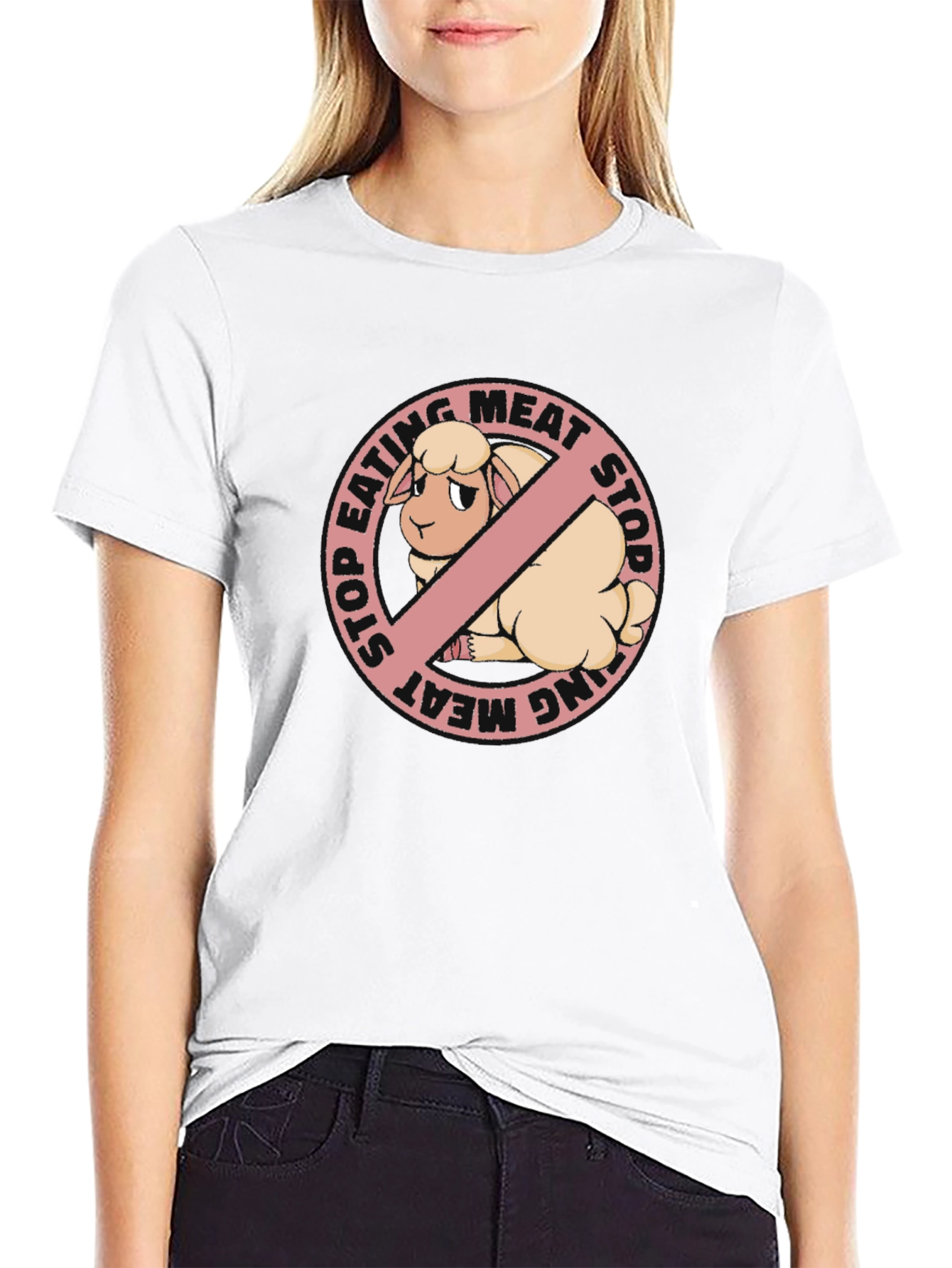 Stop Eating Meat Vegan T-Shirt with Sheep Graphic