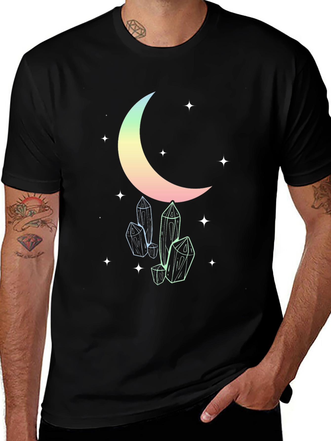 Celestial Moon & Crystals Black T-Shirt
