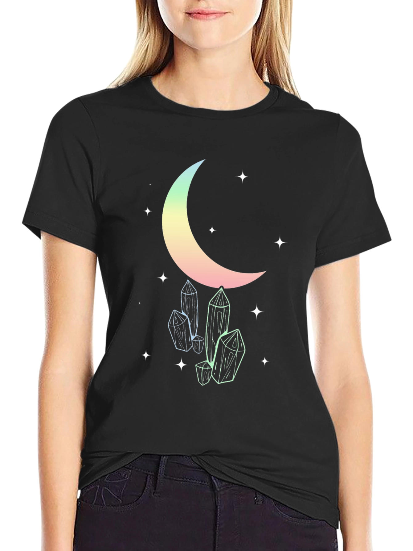 Celestial Moon & Crystals Black T-Shirt