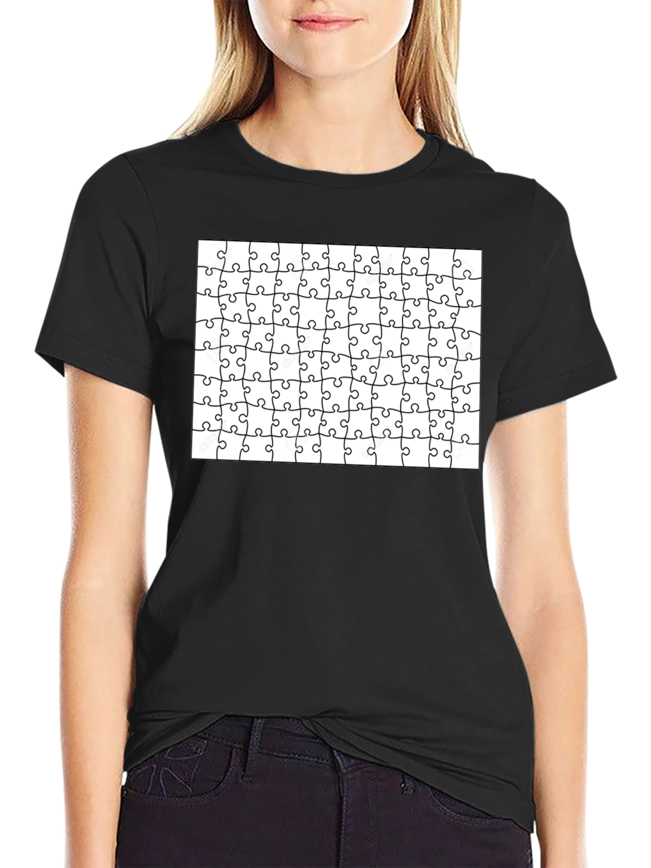 Puzzle Piece Pattern Black T-Shirt