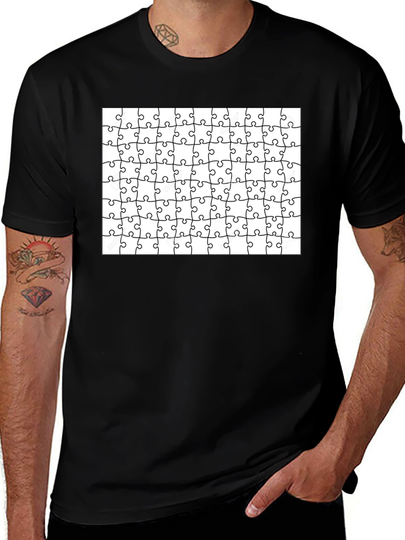 Puzzle Piece Pattern Black T-Shirt