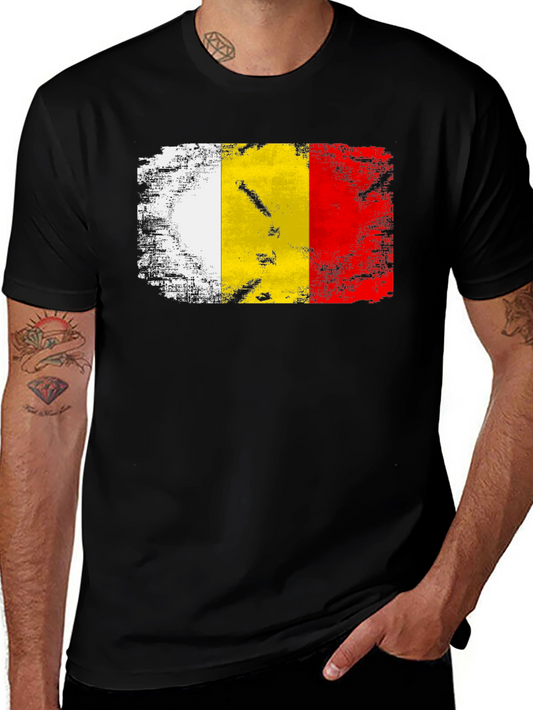 Belgium Flag Distressed T-Shirt - Black