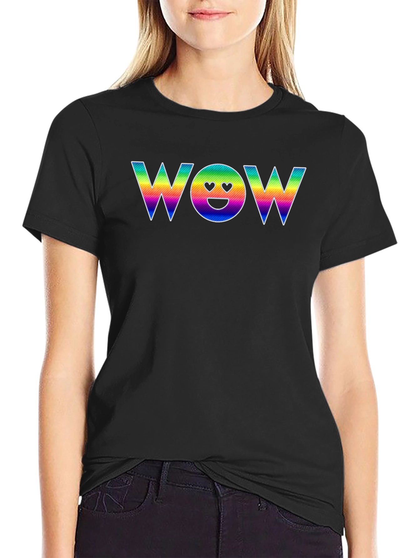Rainbow WOW Emoji Graphic Black T-Shirt