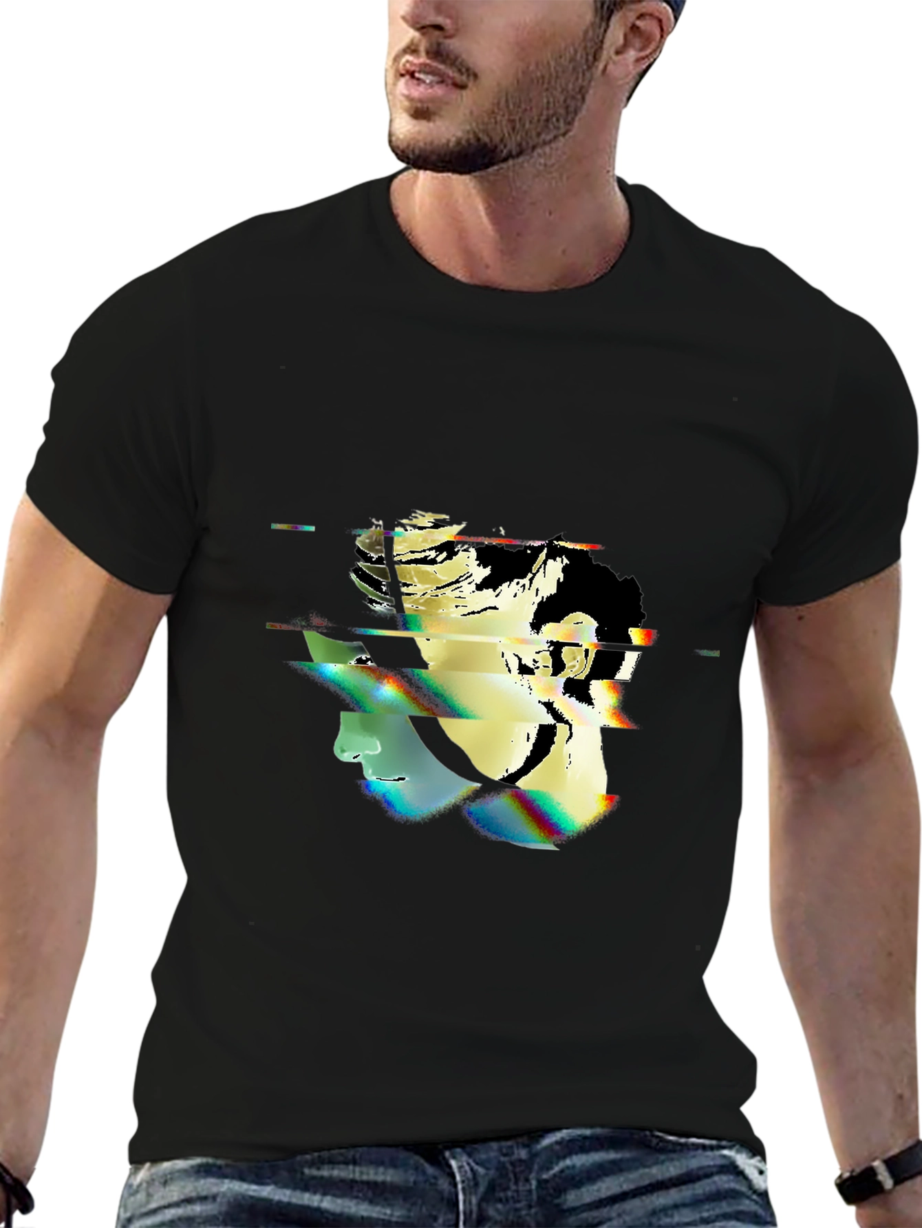 Glitch Portrait Black T-Shirt - Modern Graphic Tee