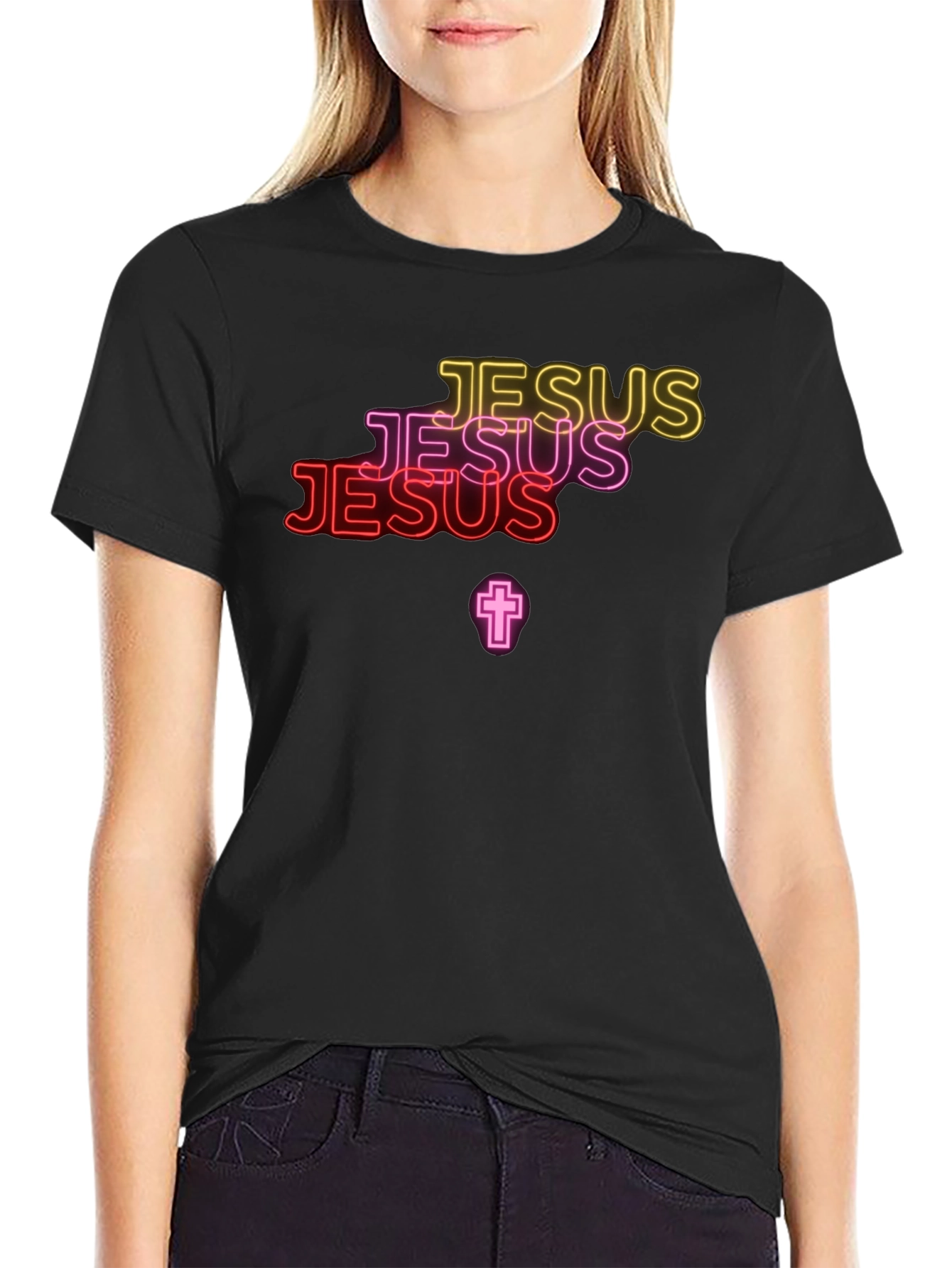 Neon Jesus Graphic Print Black Tee