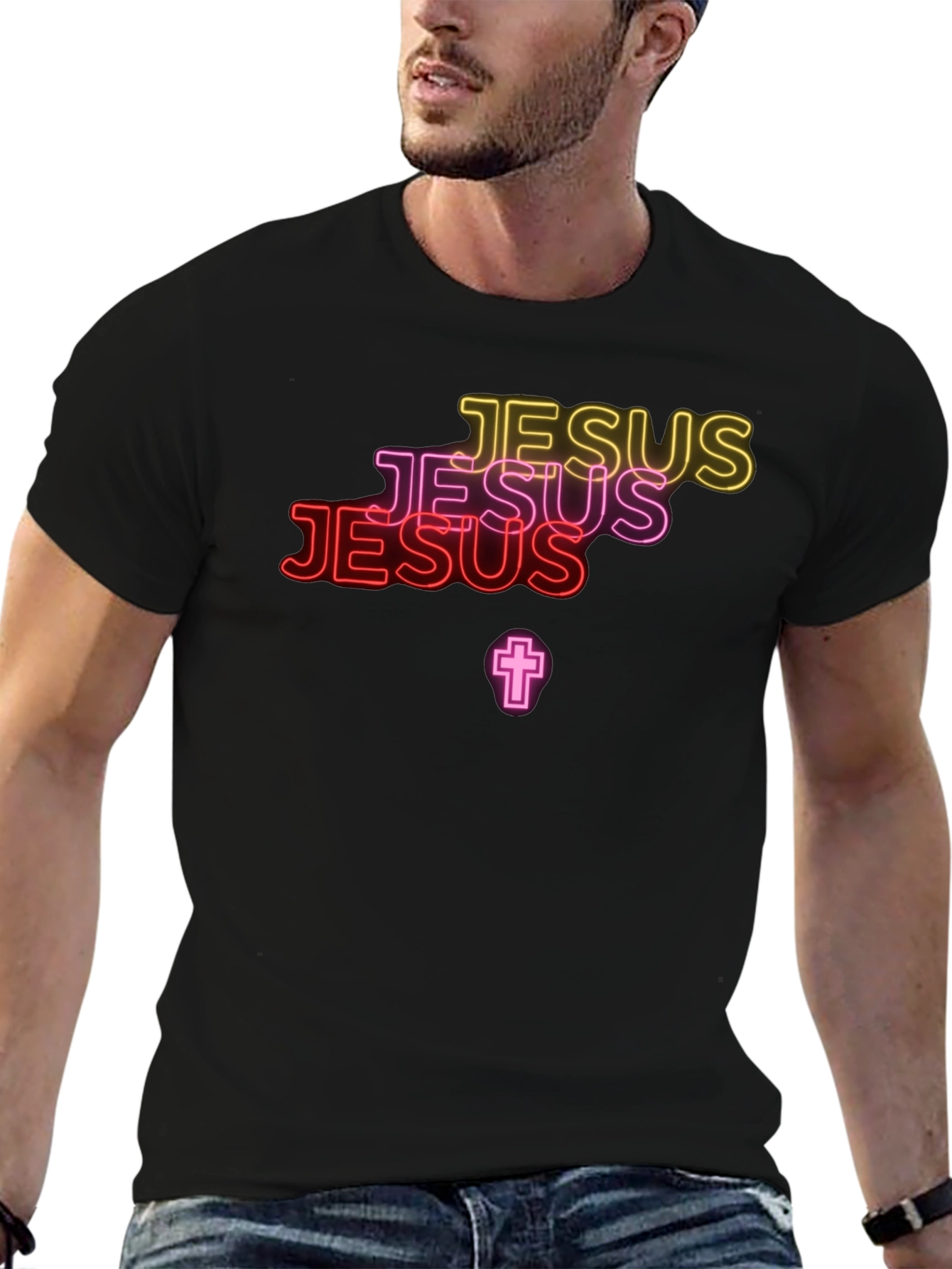 Neon Jesus Graphic Print Black Tee