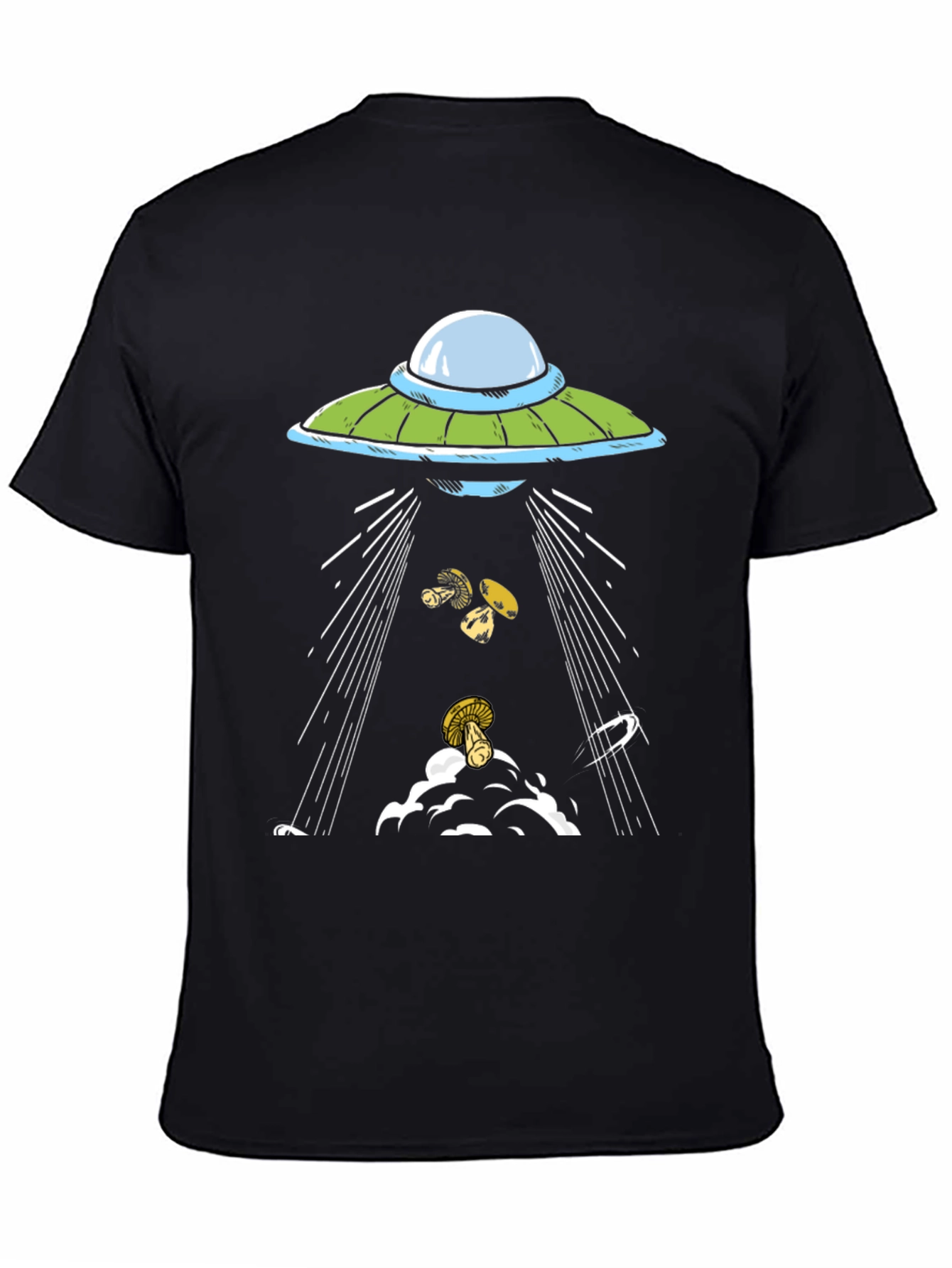 UFO Abduction Mushrooms Black Graphic Tee