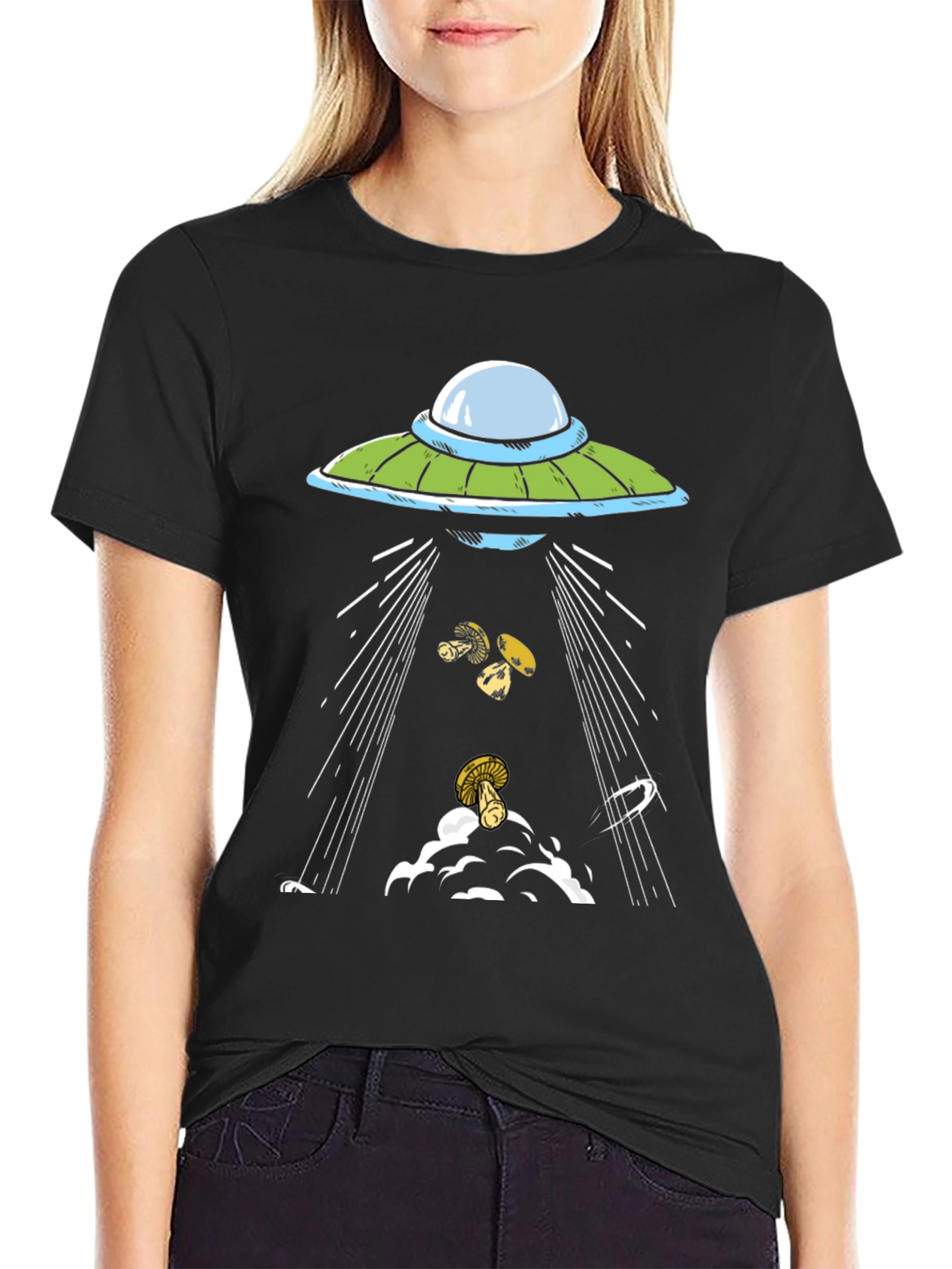 UFO Abduction Mushrooms Black Graphic Tee