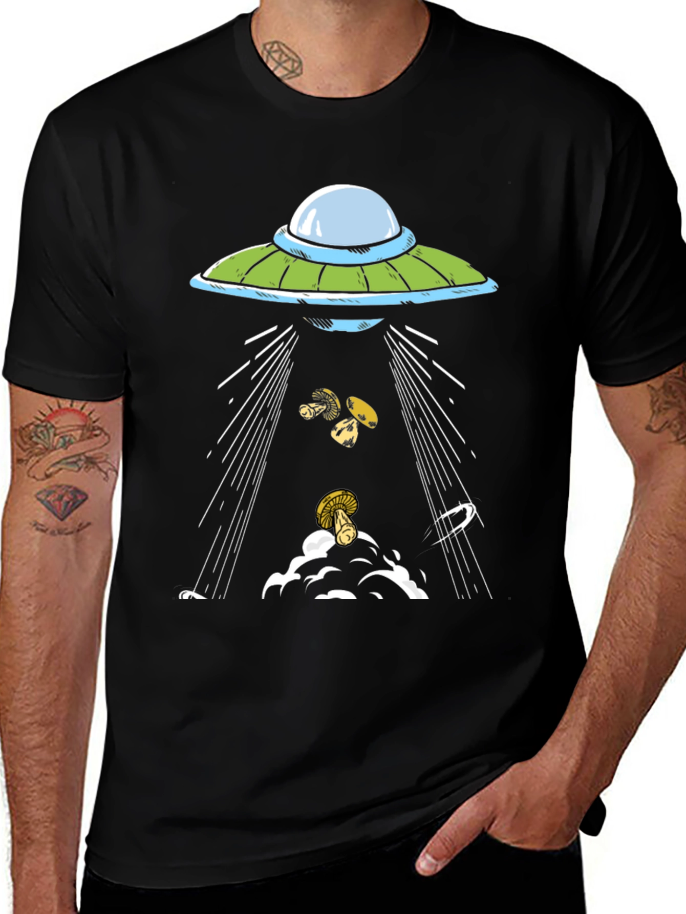 UFO Abduction Mushrooms Black Graphic Tee
