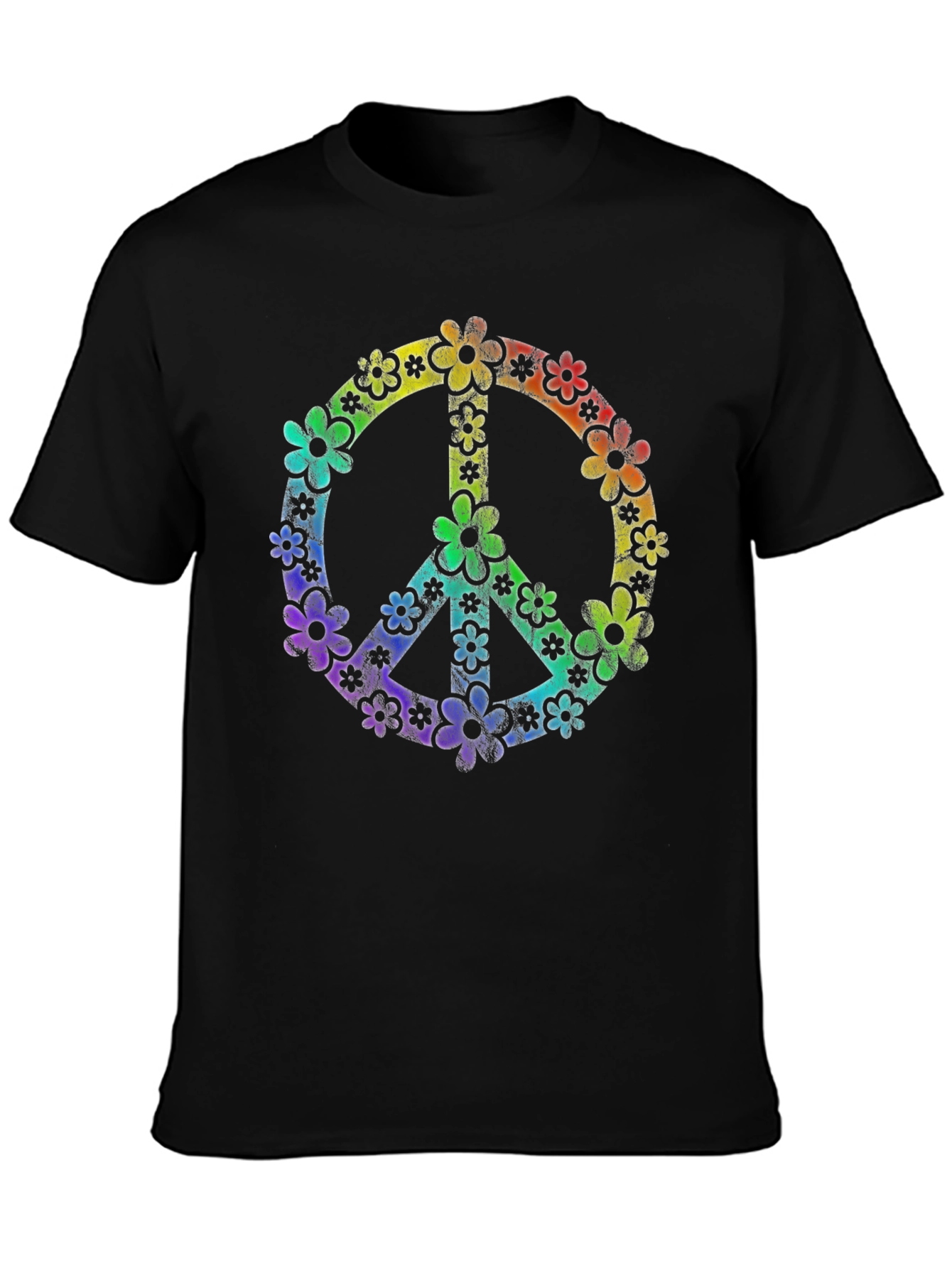 Retro Floral Peace Sign Black T-Shirt